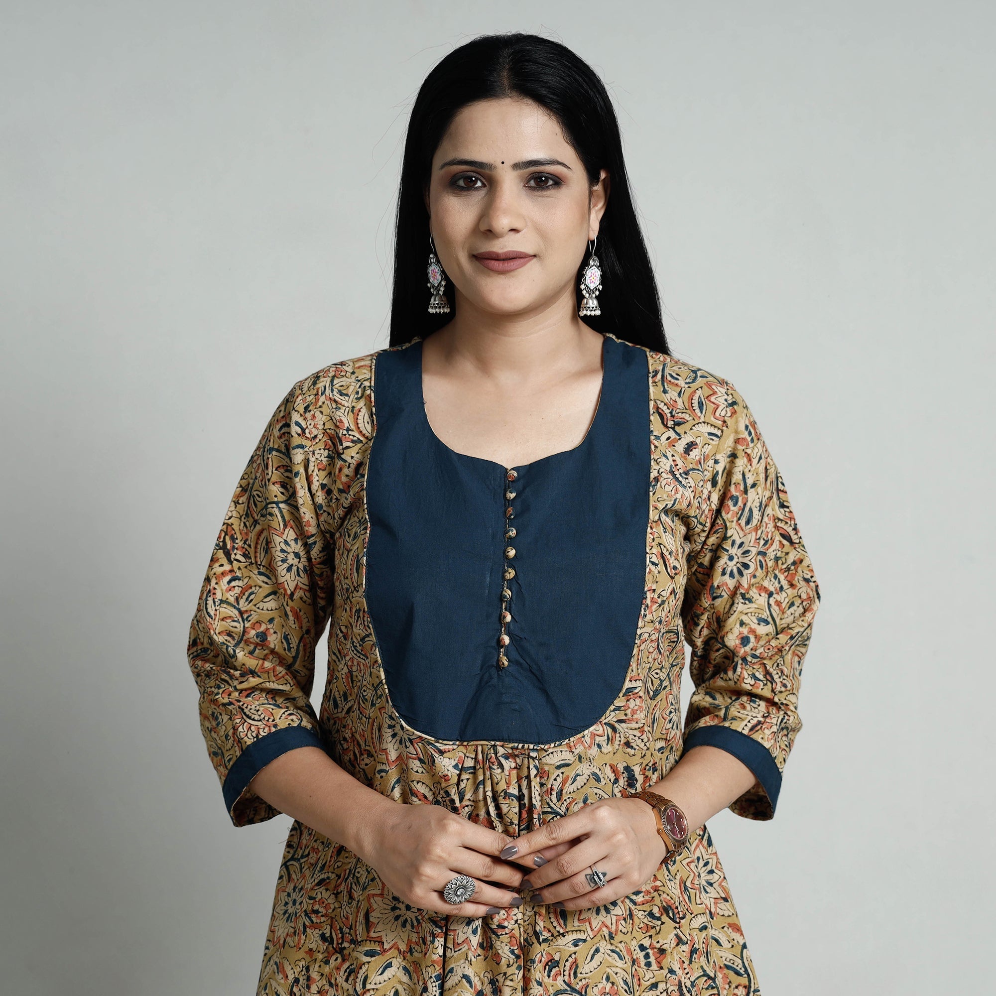 ITOKRI CASUALS Beige - Kalamkari Hand Block Printed Cotton Long A-Line Kurta
