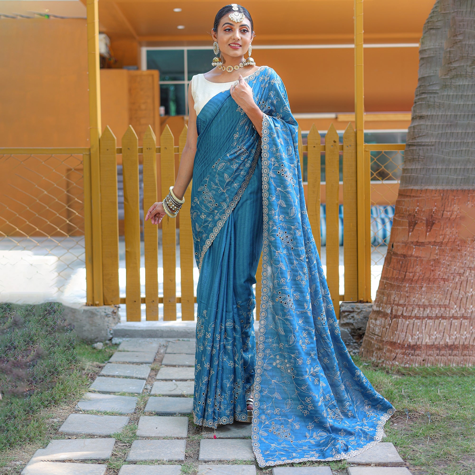 TASARIKA COUTURE Aaisha Blue Soft Silk Handwork Saree