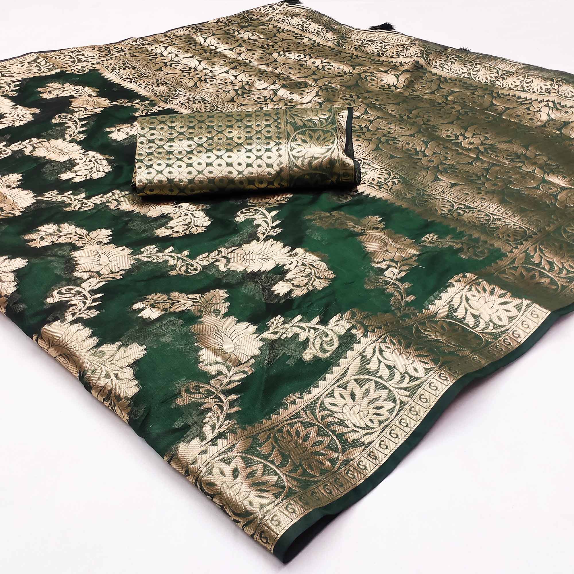 Peachmode Bottle Green Floral Woven Art Silk Saree With Tassels