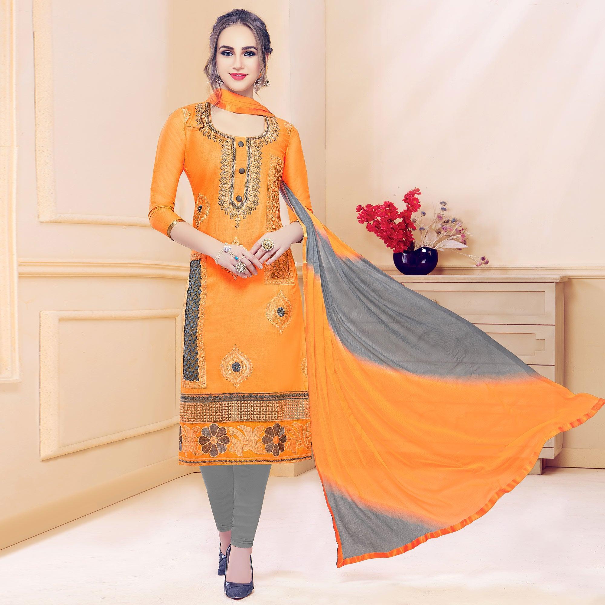 Peachmode Classy Orange Colored Partywear Embroidered Cotton Dress Material