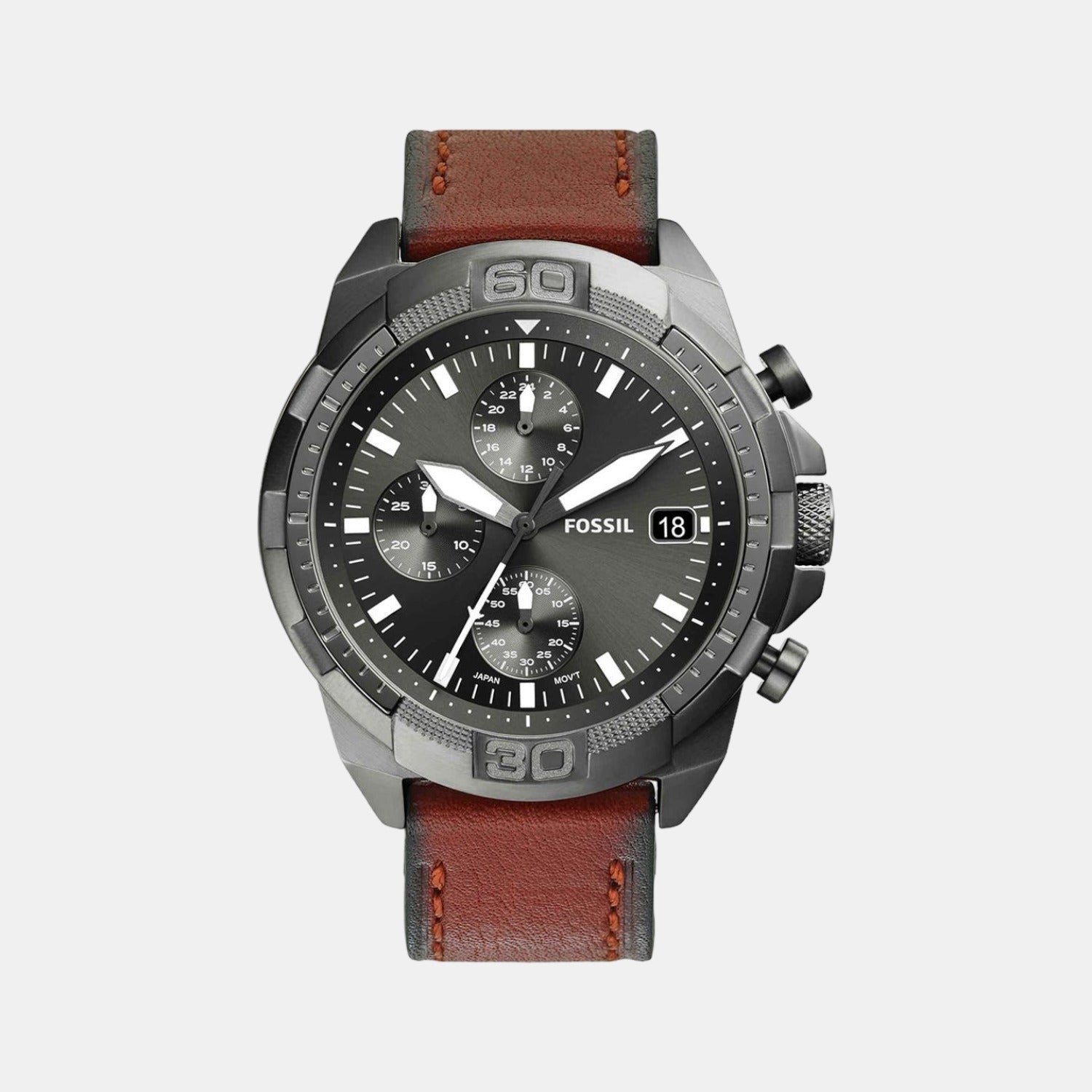 Fossil Bronson Men Quartz Grey Dial Chronograph Leather Watch FS5855