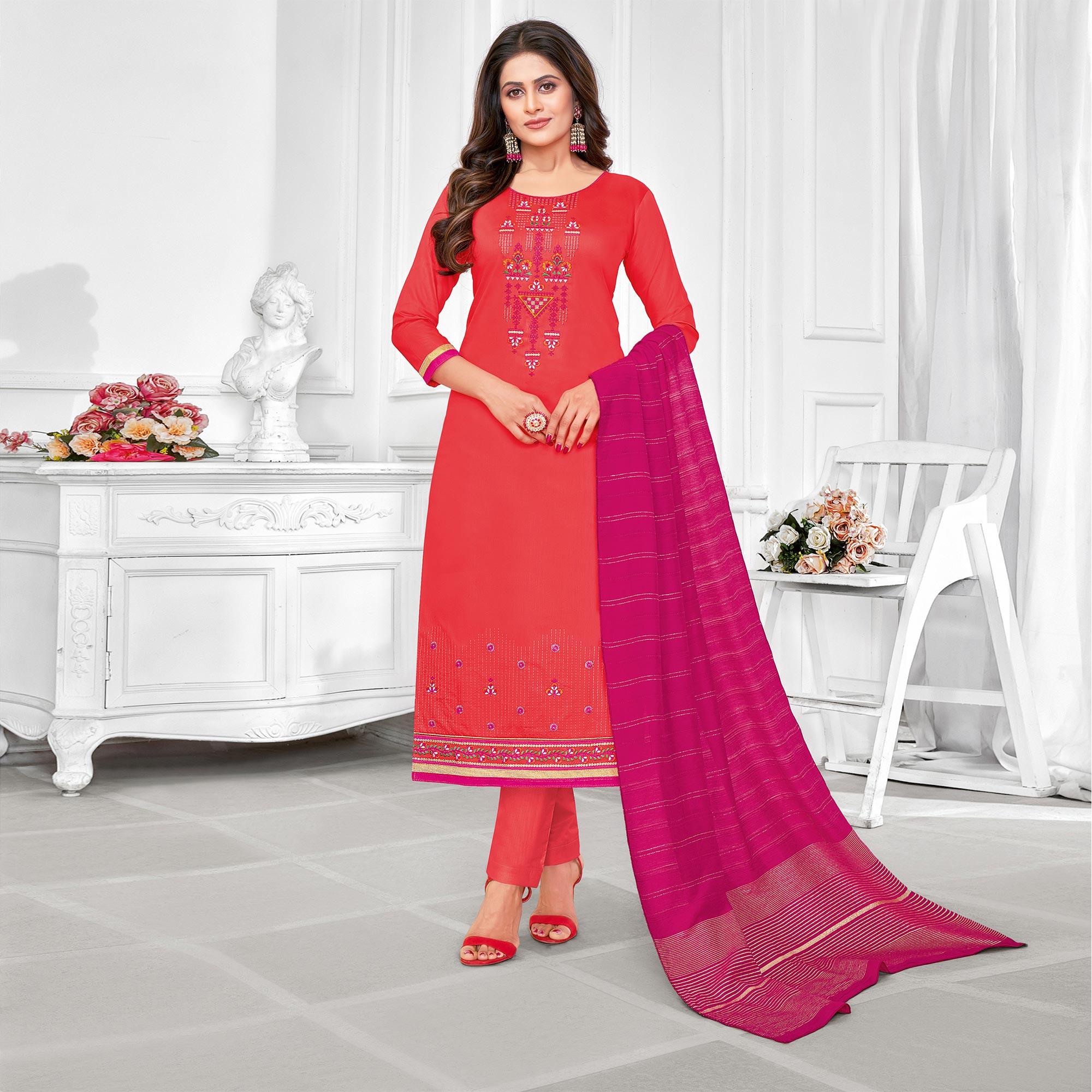 Peachmode Ideal Red-Orange Colored Partywear Designer Embroidery Cotton Salwar Suit