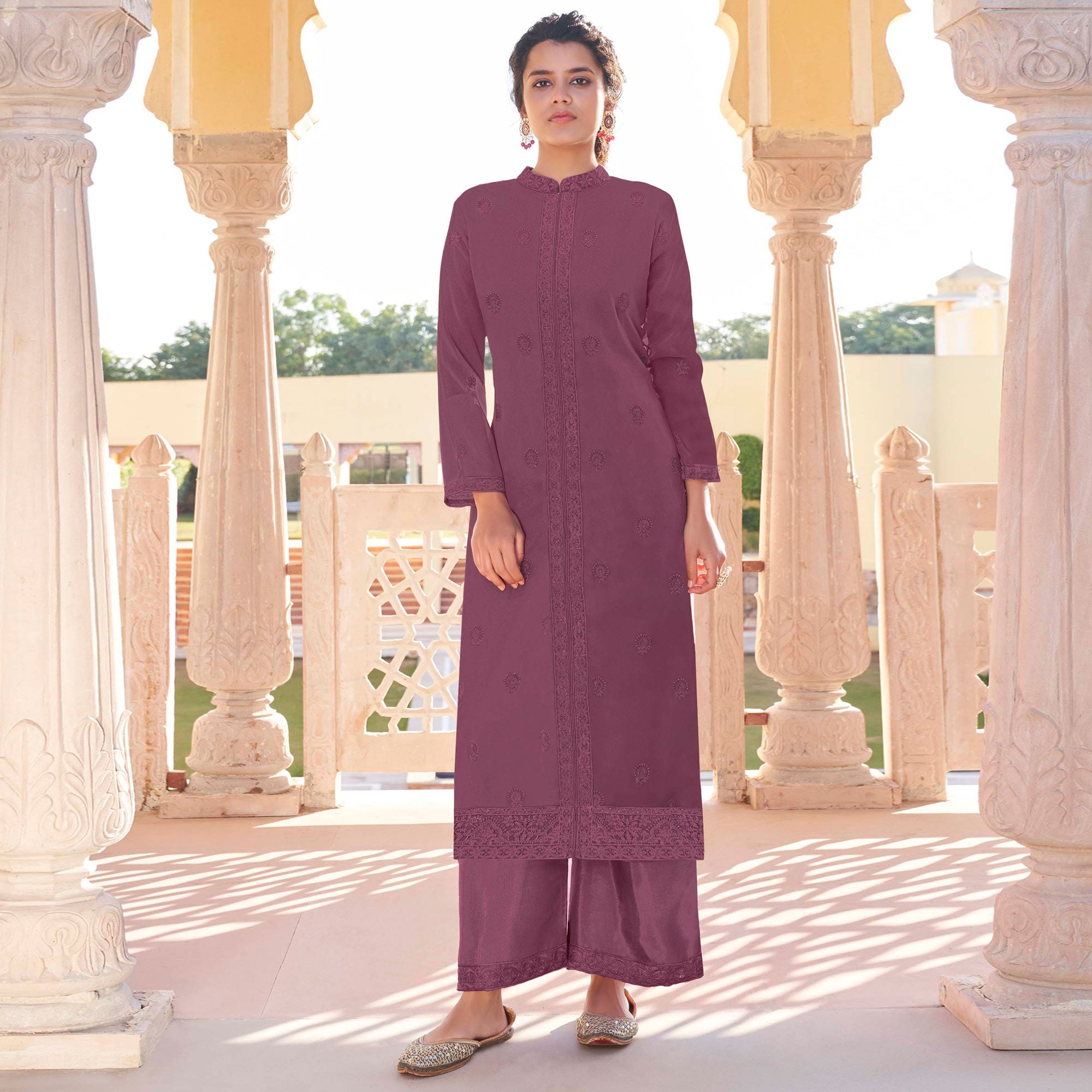 Peachmode Seller Mauve Lucknowi Embroidered Georgette Kurti Palazzo Set - view 2
