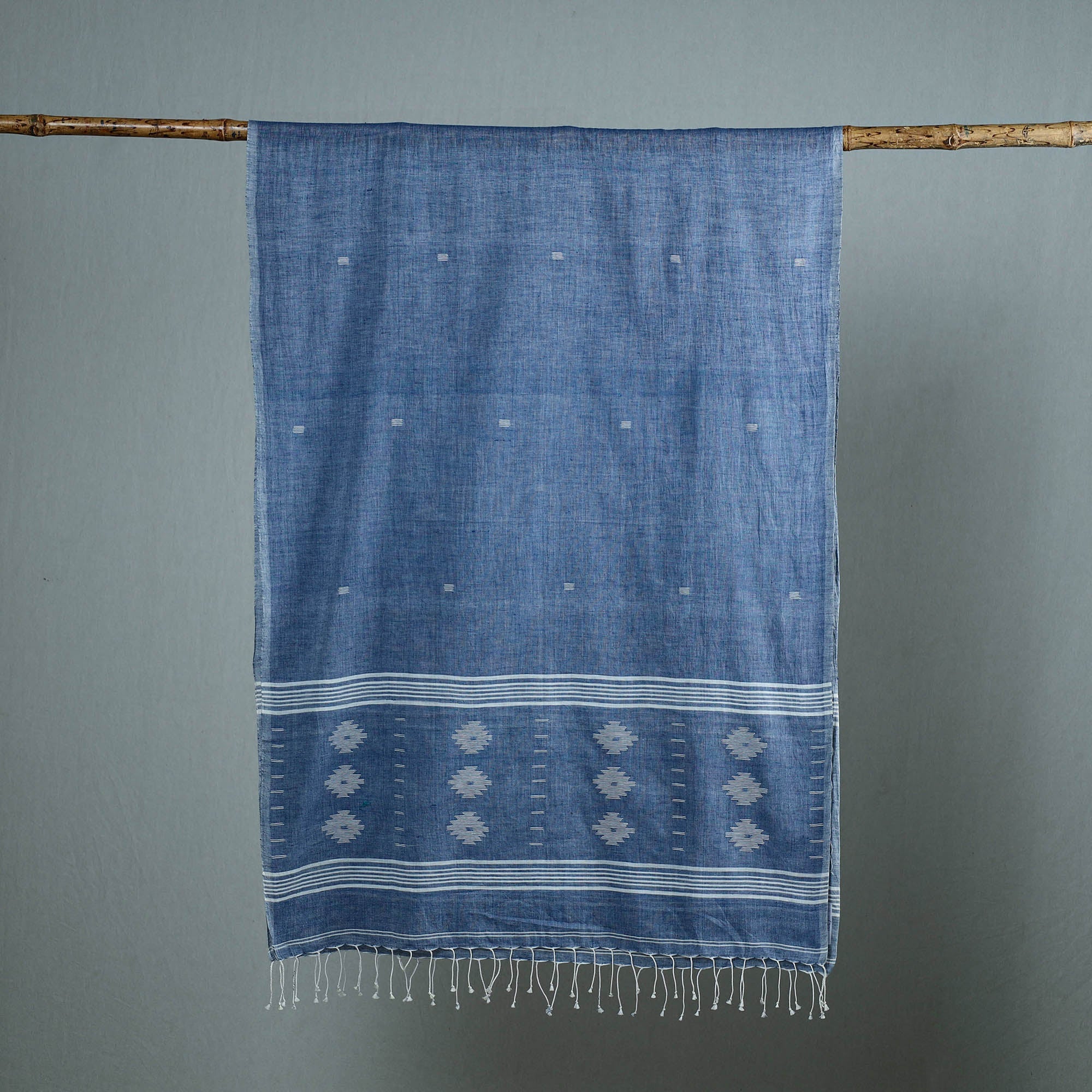 KHUSHBASH - HAPPY LOOM OF EAST Blue - Burdwan Jamdani Cotton Handloom Stole with Tassels 37 - view 2