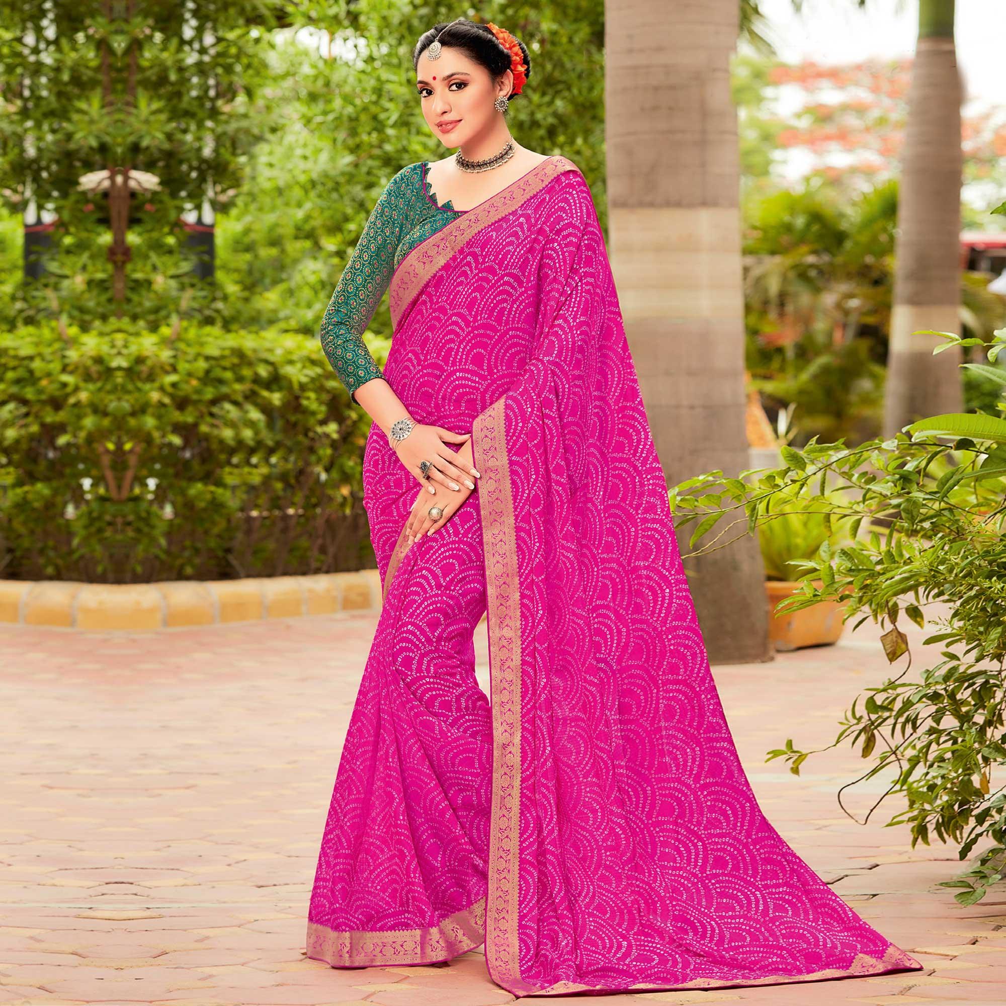 Peachmode Dark Pink Partywear Printed Chiffon Saree With Border