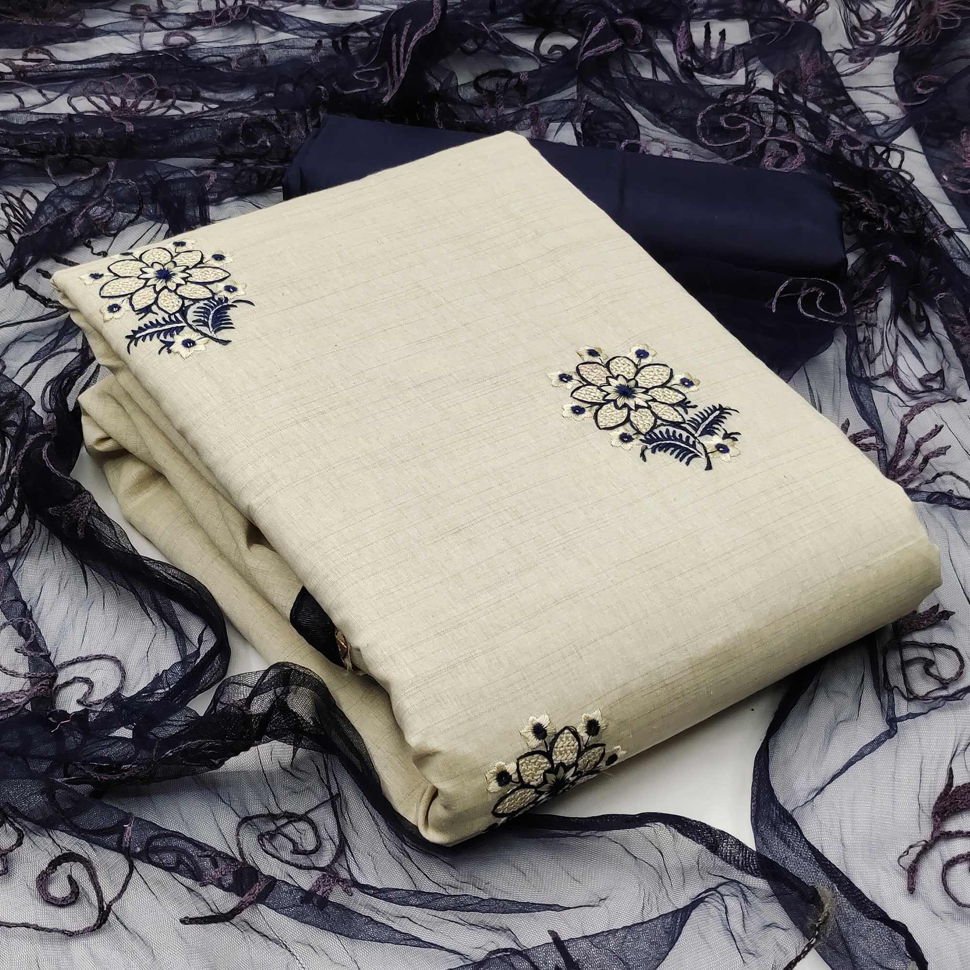 Peachmode Cream - Blue Casual Wear Floral Embroidered Cotton Dress Material