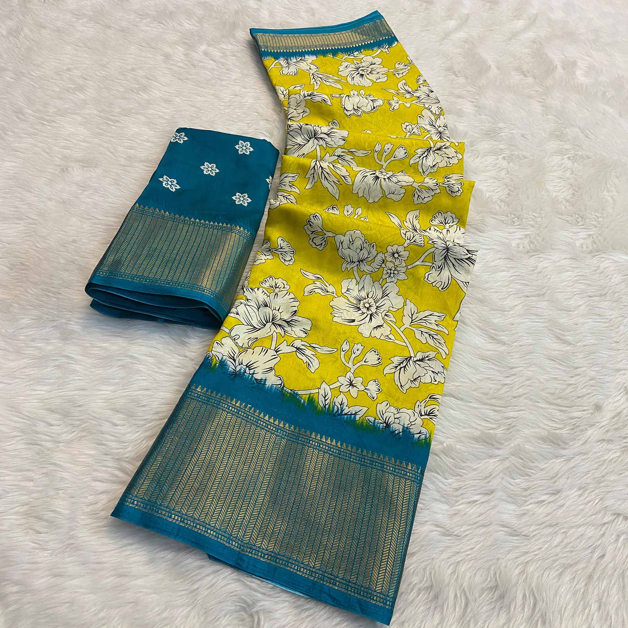 Peachmode Lemon Yellow & Rama Floral Printed Dola Silk Saree With Woven Border