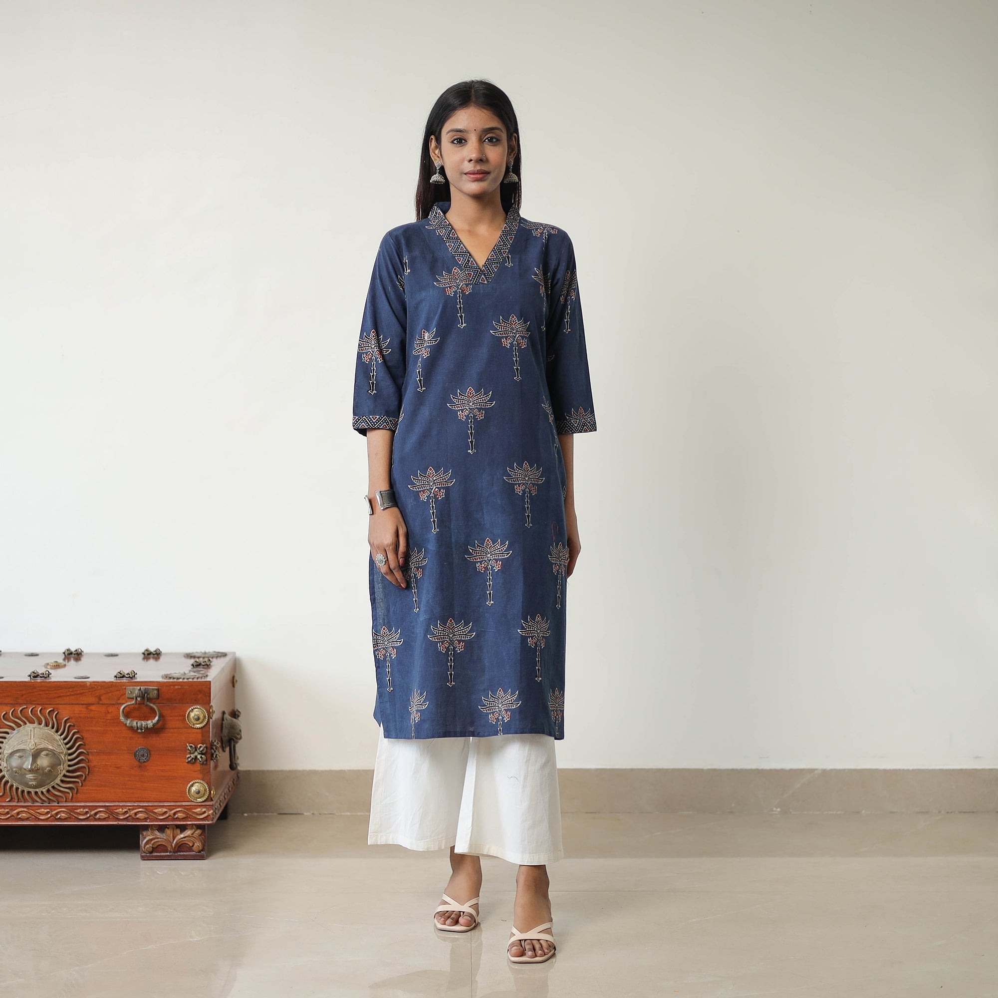 ITOKRI CASUALS Blue - Block Printed Cotton Straight Ajrakh Kurta 20 - view 3