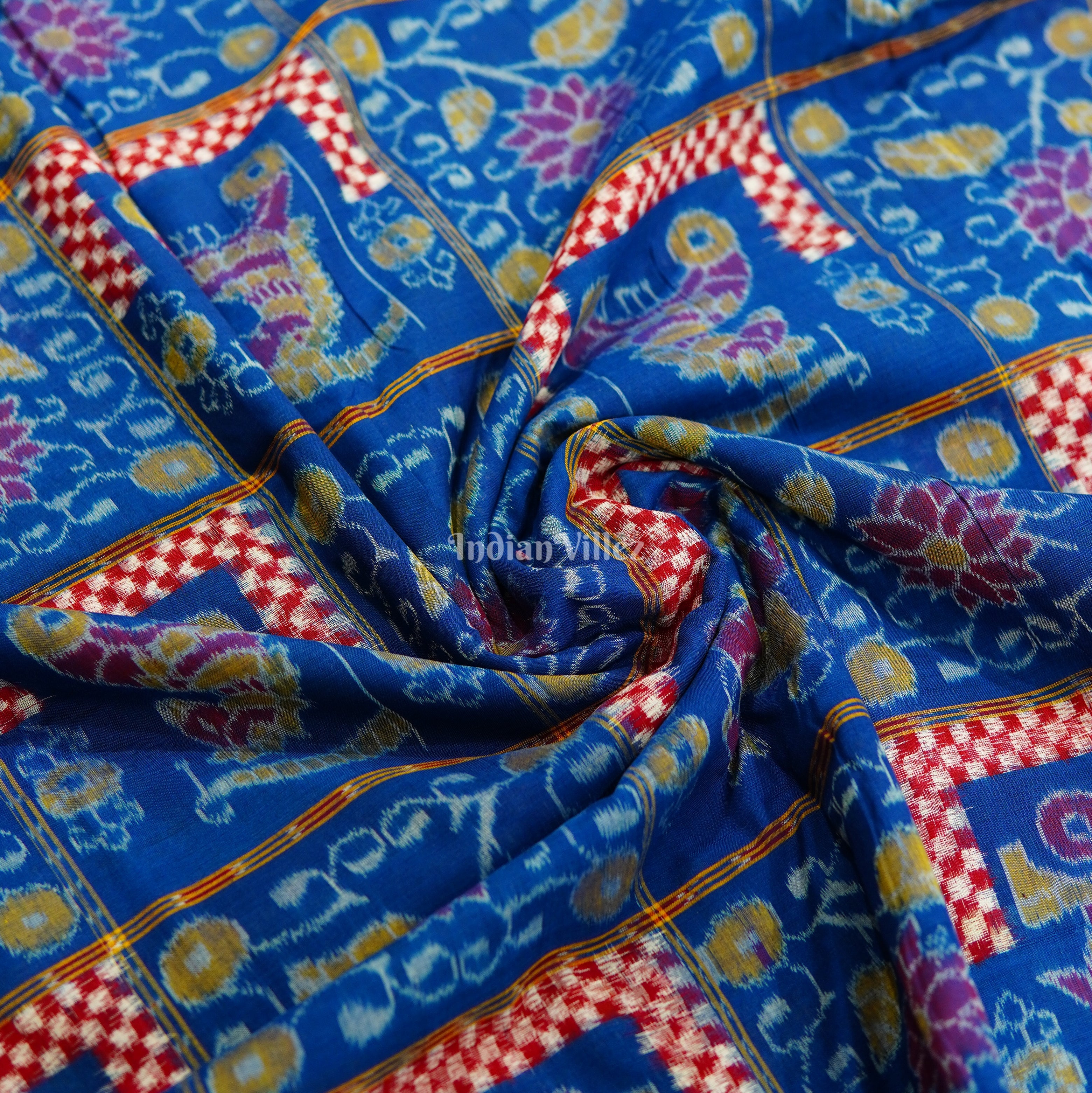 IndianVillèz Blue Floral Motif Sambalpuri Ikat Cotton Fabric