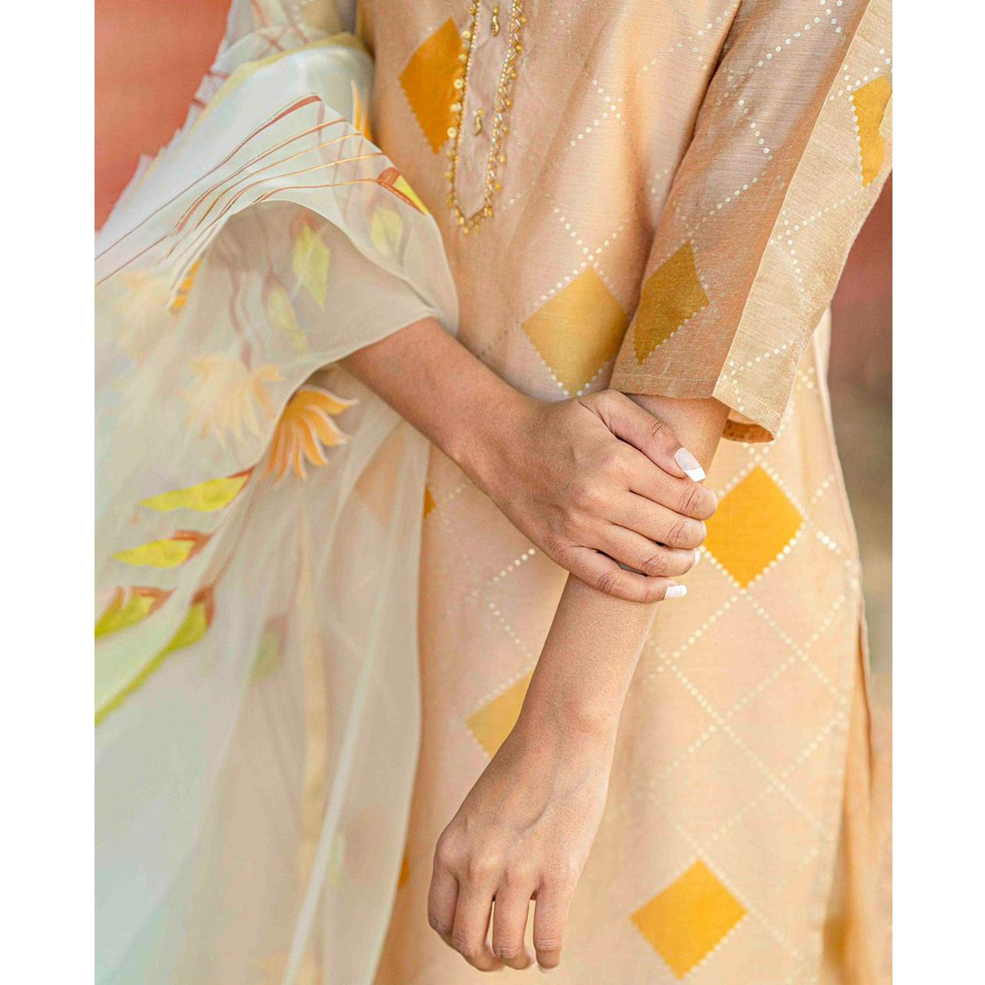 Peachmode Cream Partywear Printed Cotton Silk Kurti Pant Set With Dupatta - view 3