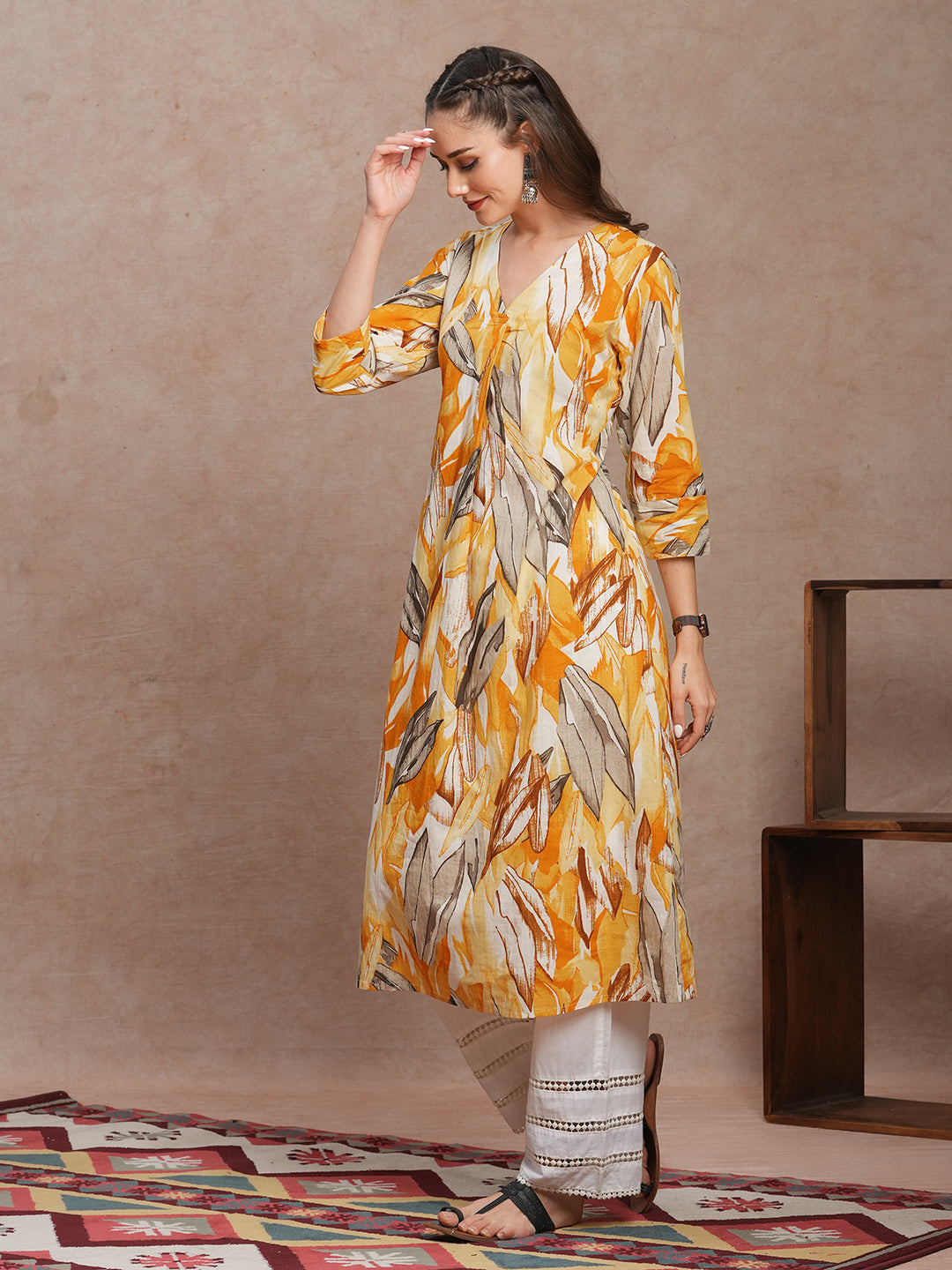 FASHOR Abstract Floral Printed A-Line Kurta - Yellow - view 4