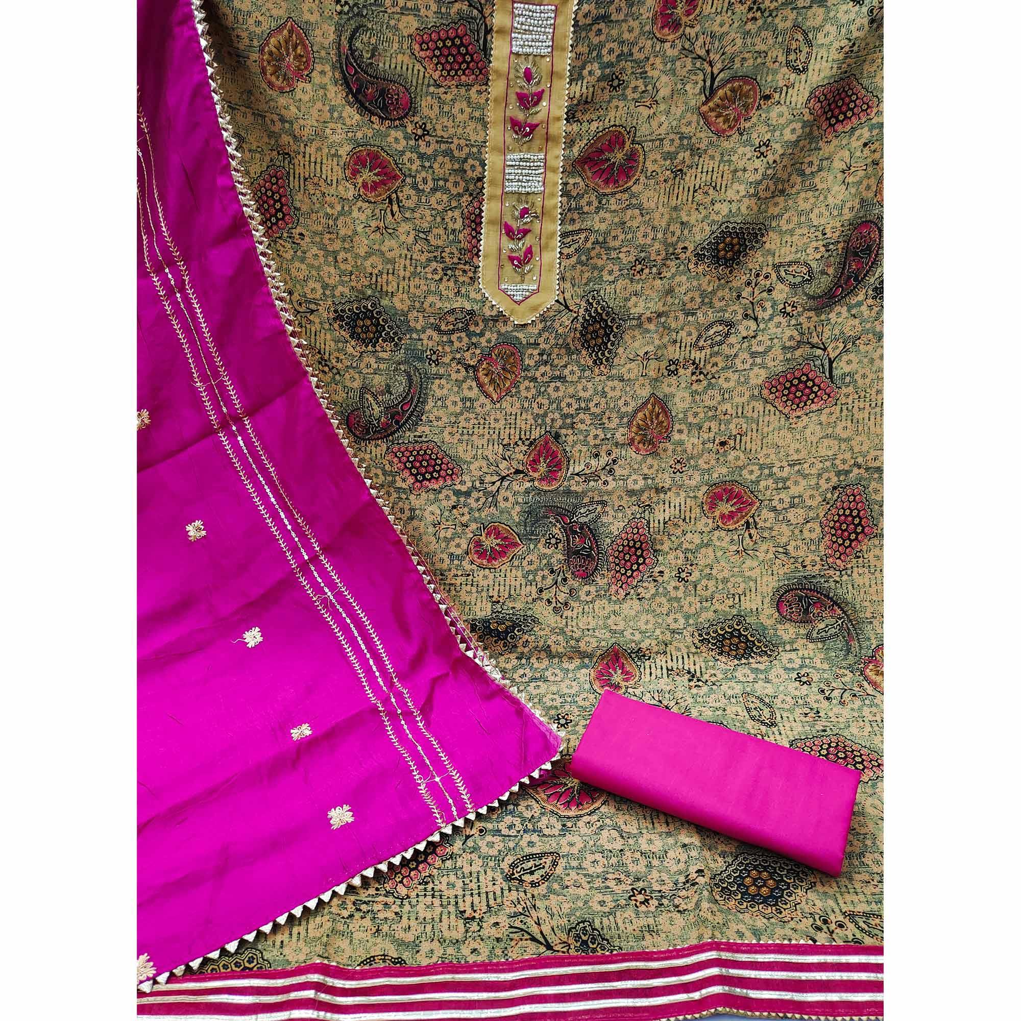 Peachmode Cream Printed With Embellished Pure Cotton Dress Material - view 3