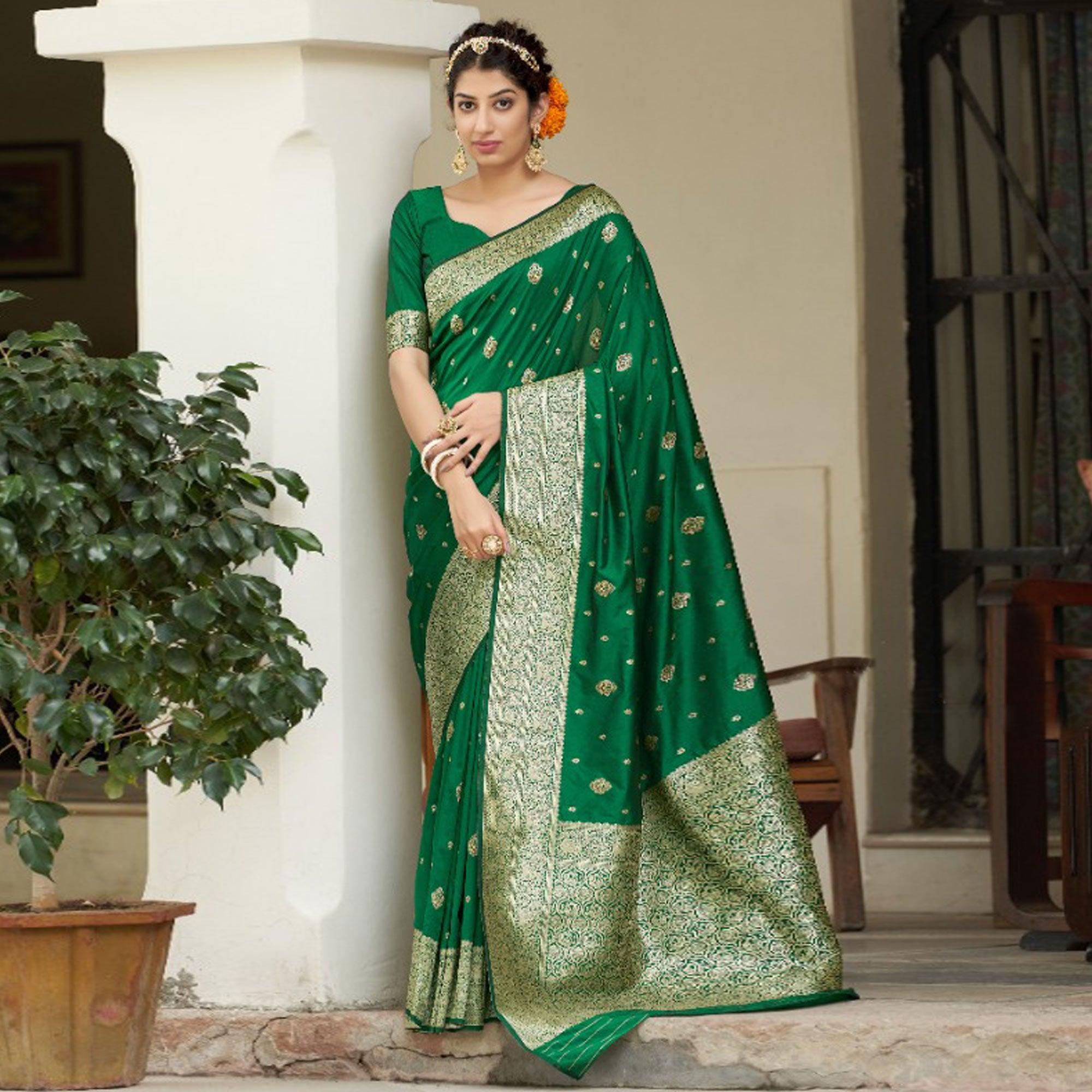 Green sarees – BlackTree green-festive-wear-woven-banarasi-silk-saree-134701