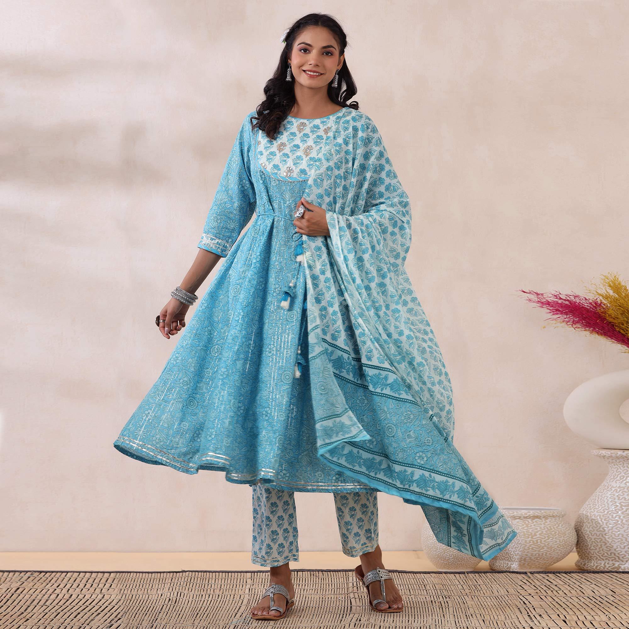 Peachmode Light Blue Printed Pure Cotton Anarkali Suit