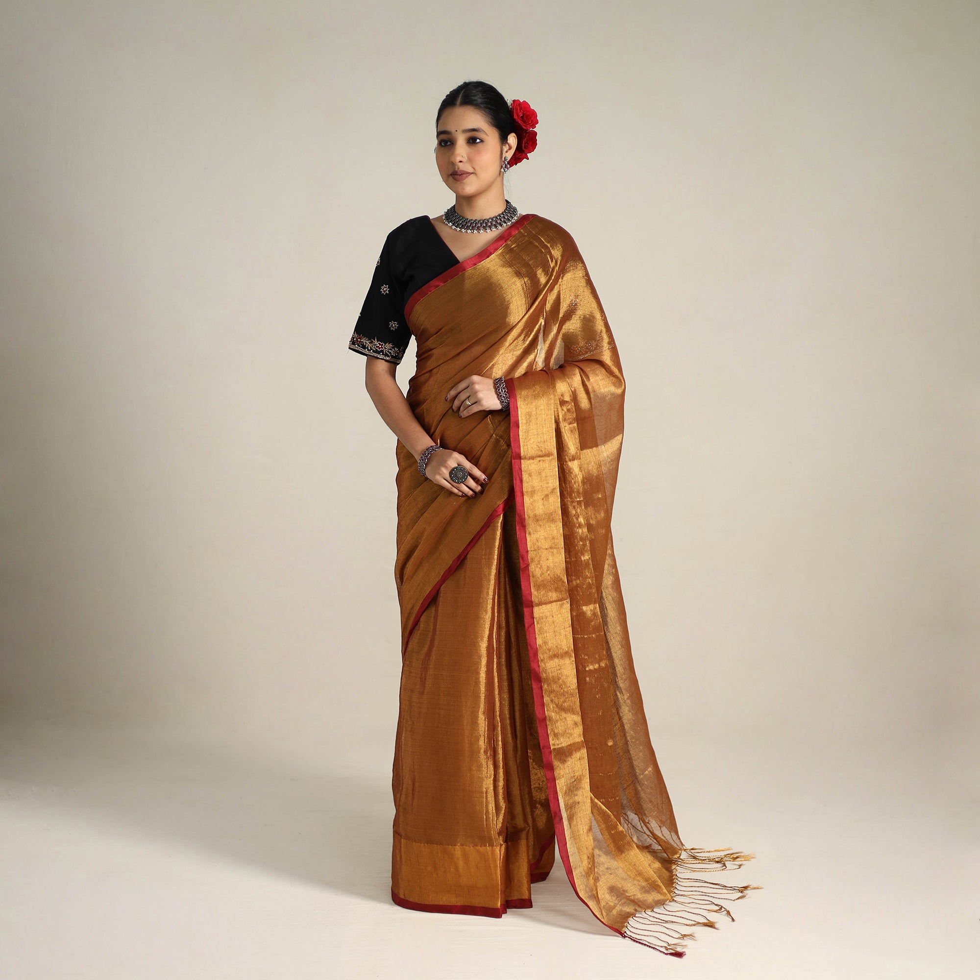 KHUSHBASH - HAPPY LOOM OF EAST Brown - Mul Tissue Zari Bengal Saree with Embroidered Blouse 09