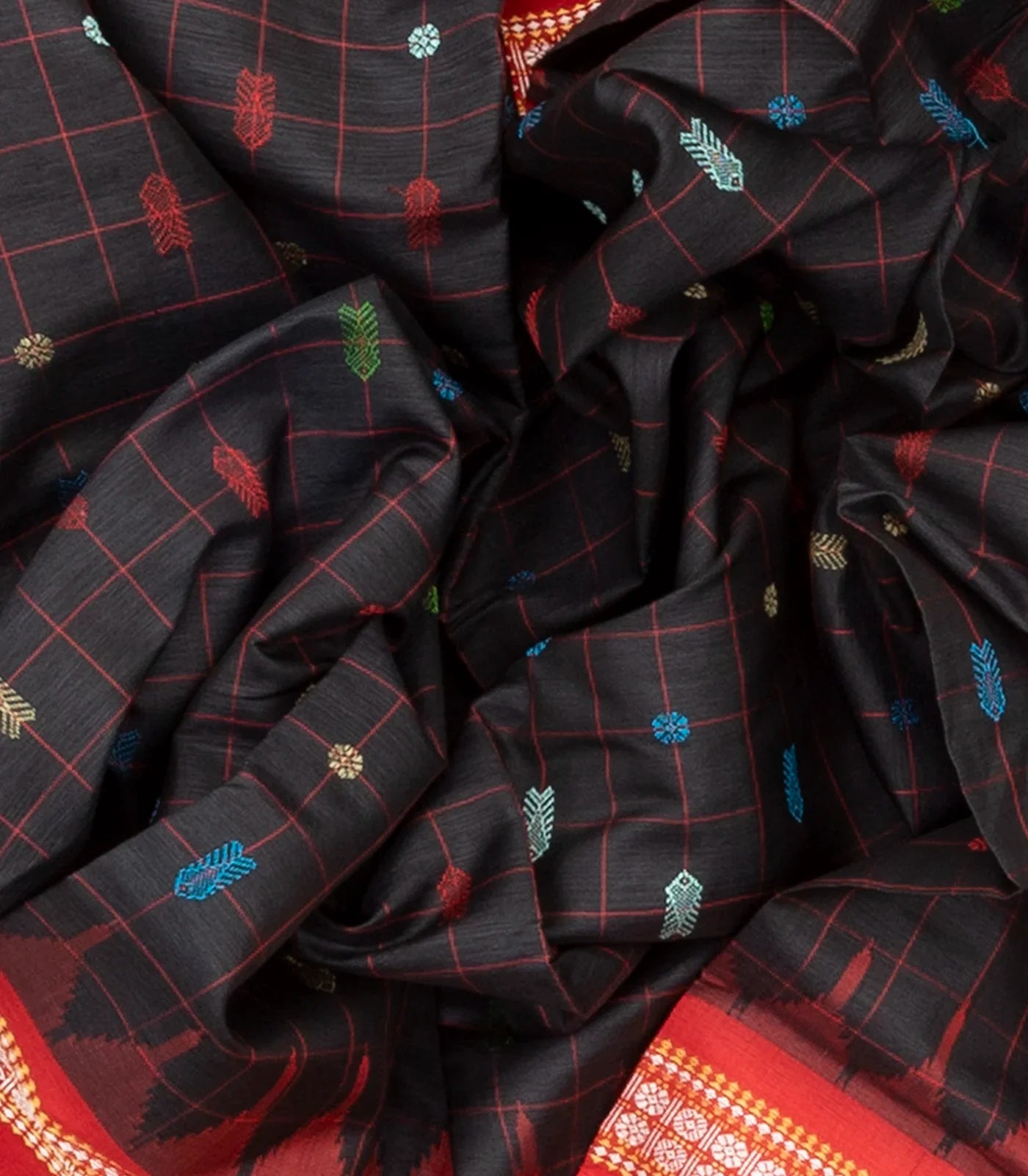 RmKV Black Handloom Orissa Silk Saree With Checks & Contrast Red Border-Black - view 3