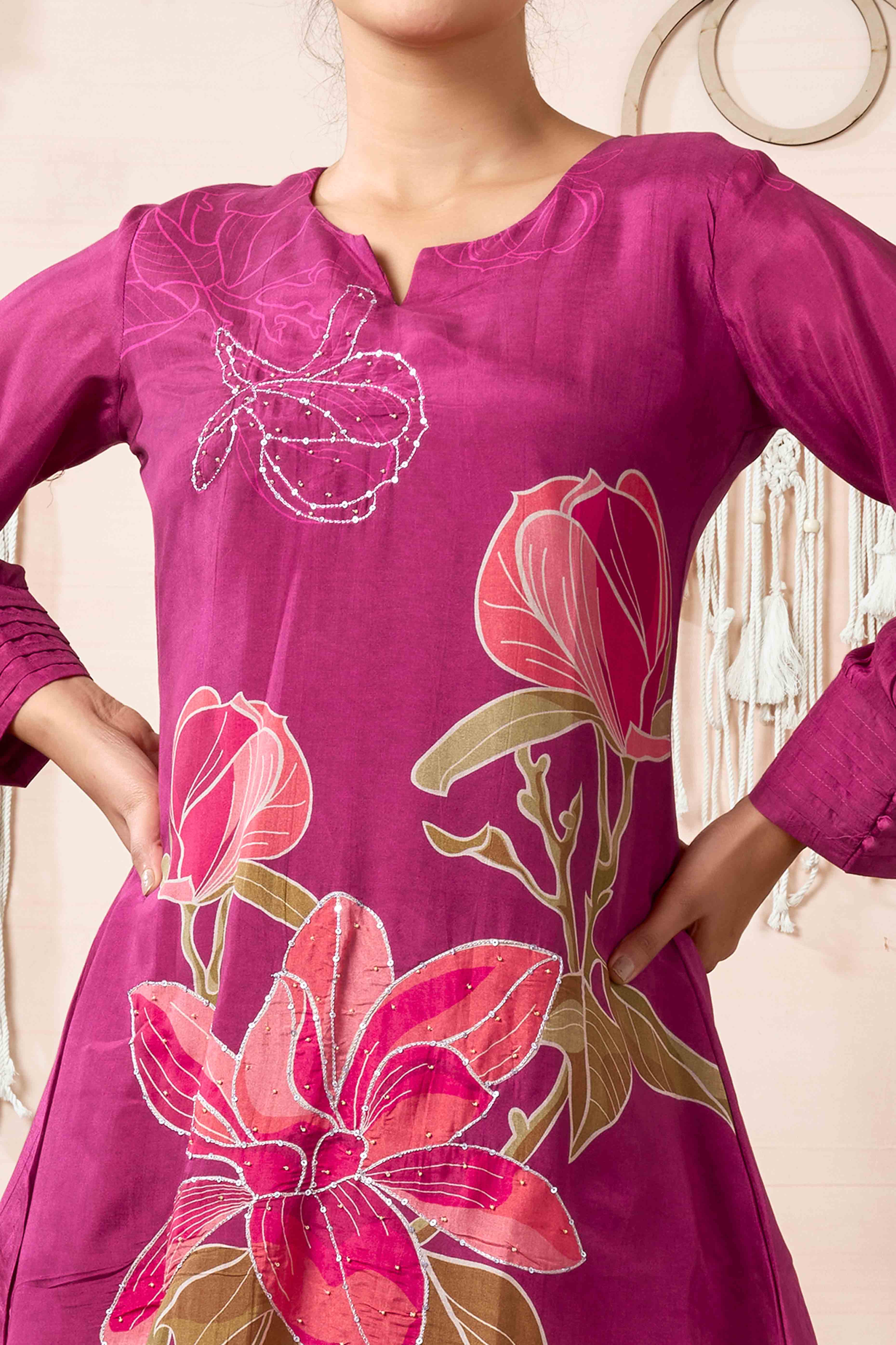 Peachmode Mulberry Wine Beads Work Digital Printed Muslin Co-Ord Set - view 2