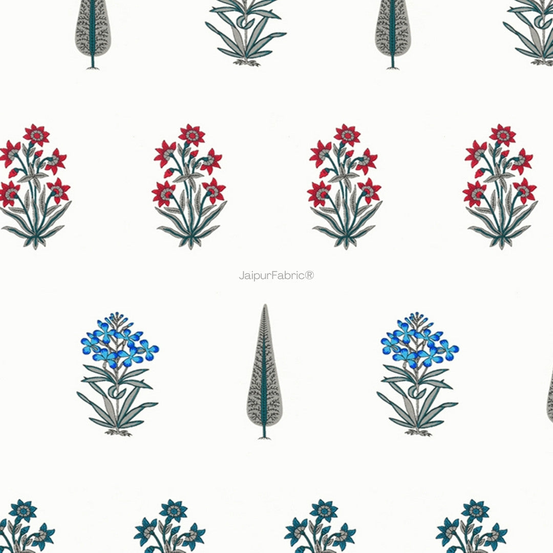 JaipurFabric® India Blocks of Red Blue Flowers Grey Leaves Block Printed Curtains - view 3