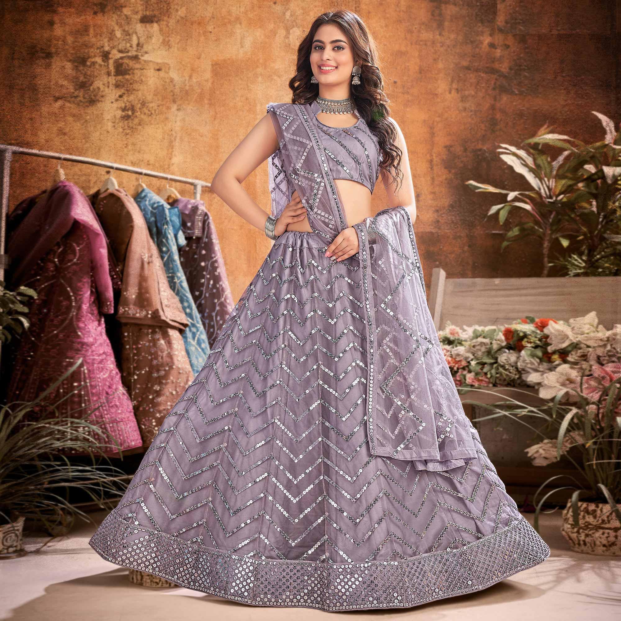 Peachmode Grey Partywear Thread Sequins Soft Net Lehenga Choli