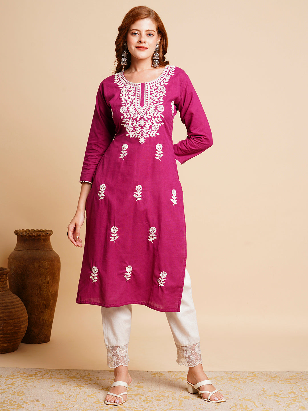 FASHOR Solid Chikankari Embroidered Straight Fit Kurta - Purple