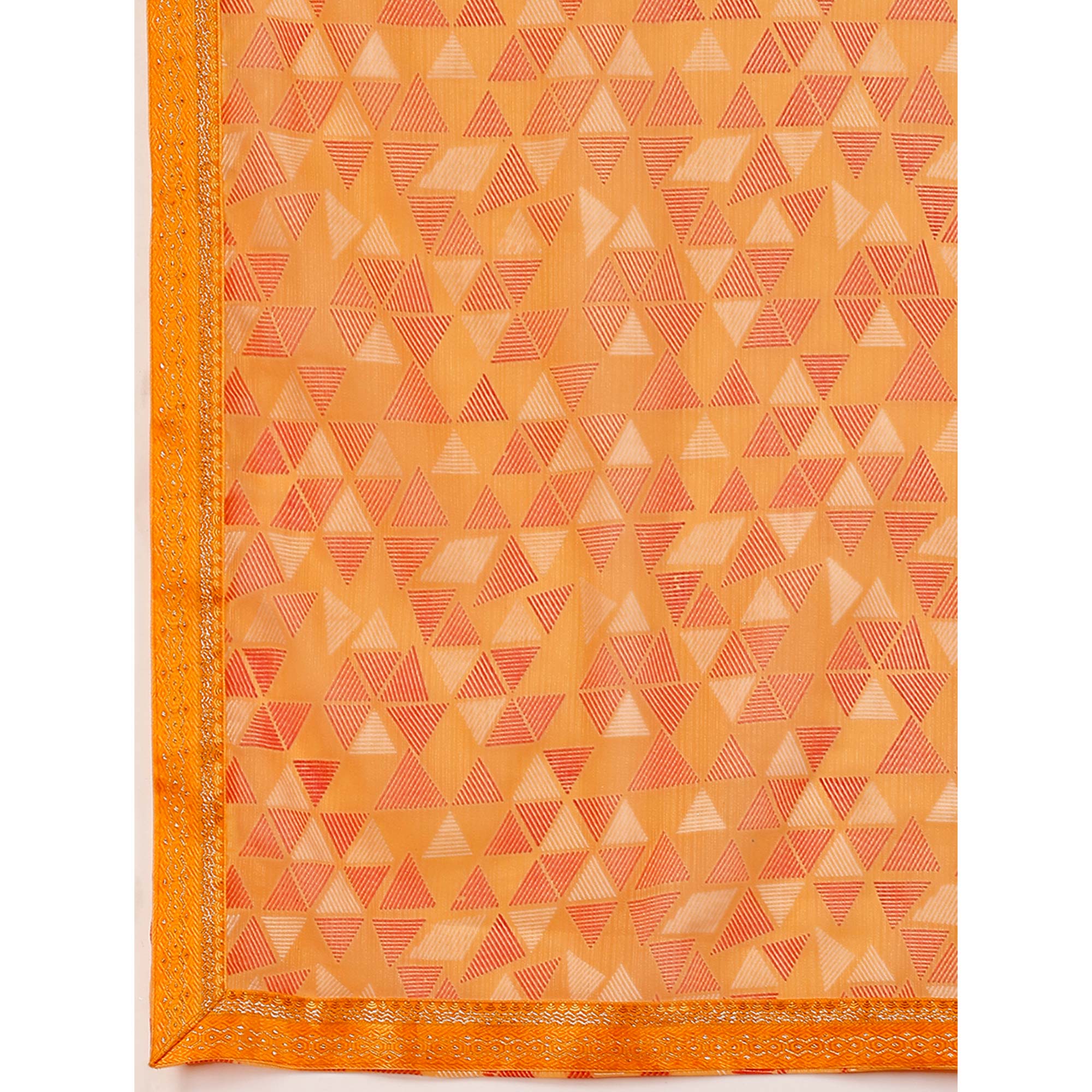 Peachmode Light Orange Geometric Printed Chiffon Saree With Lace Border - view 9