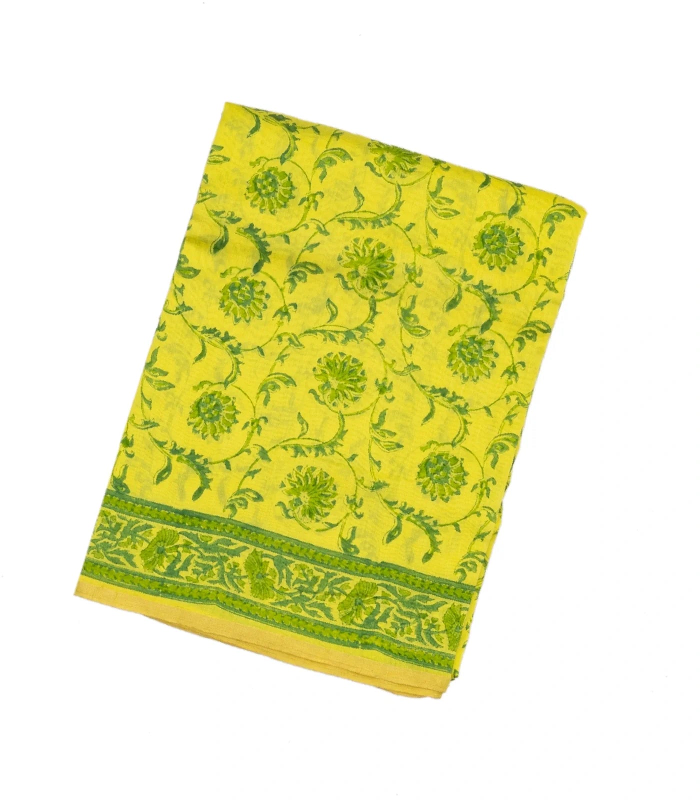 RmKV Lemon Yellow Handloom Chanderi Cotton Saree With Printed Green Floral Motif