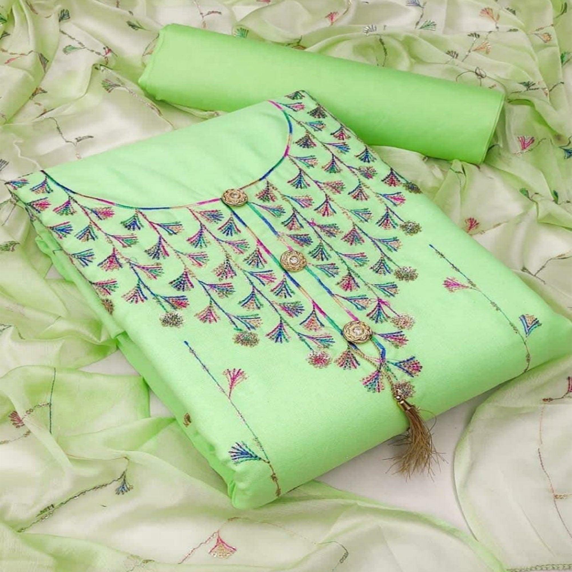 Green dresses – BlackTree green-casual-wear-sequence-work-cotton-slub-dress-material-133043