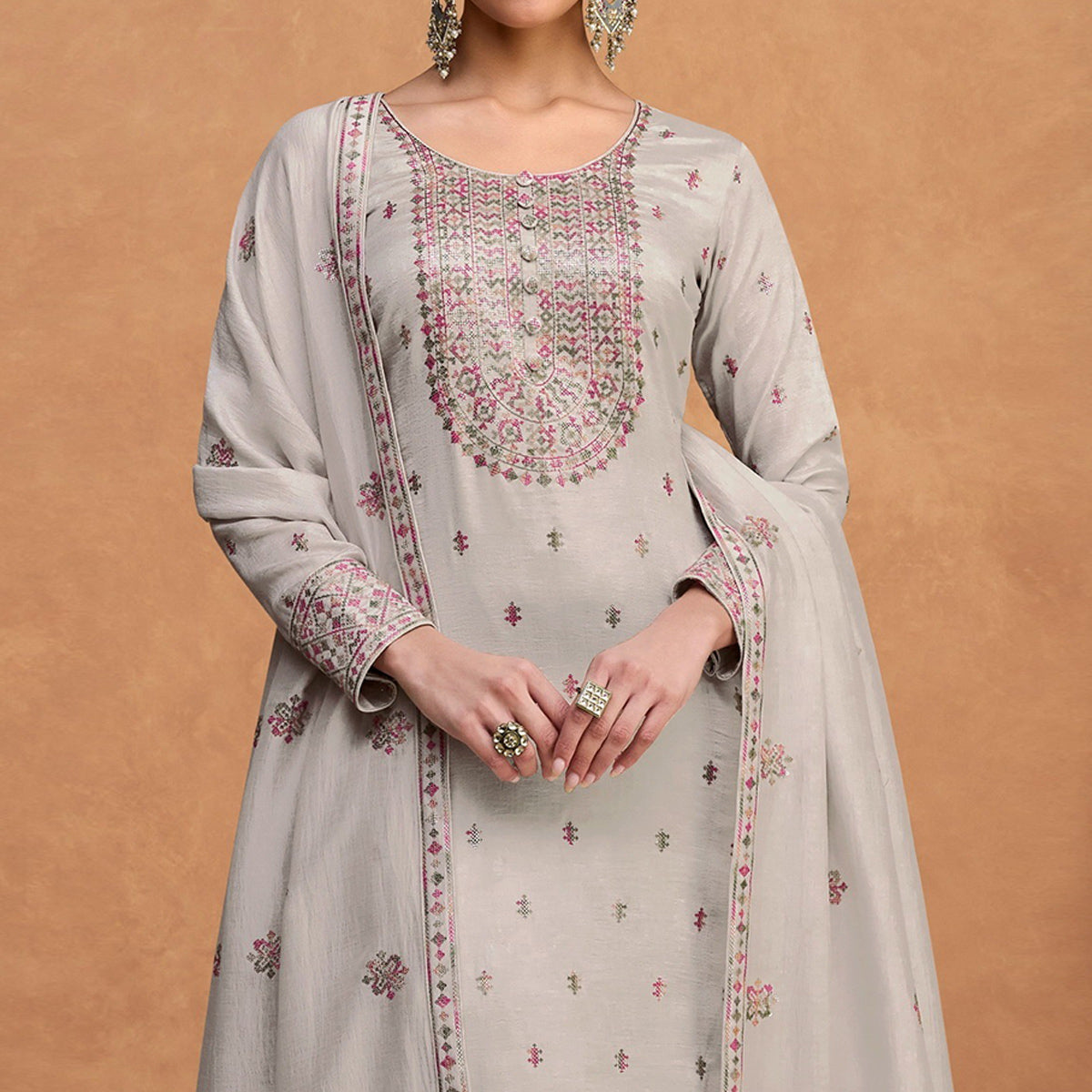 Peachmode Grey Sequins Embroidered Pure Silk Semi Stitched Suit - view 3