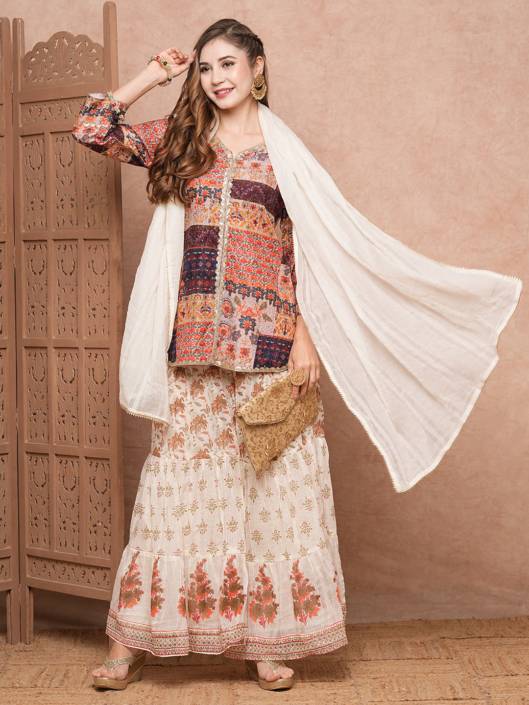 Fashor Multi Printed Sequins & Resham Embroidered kurti with Sharara & Dupatta - Multi