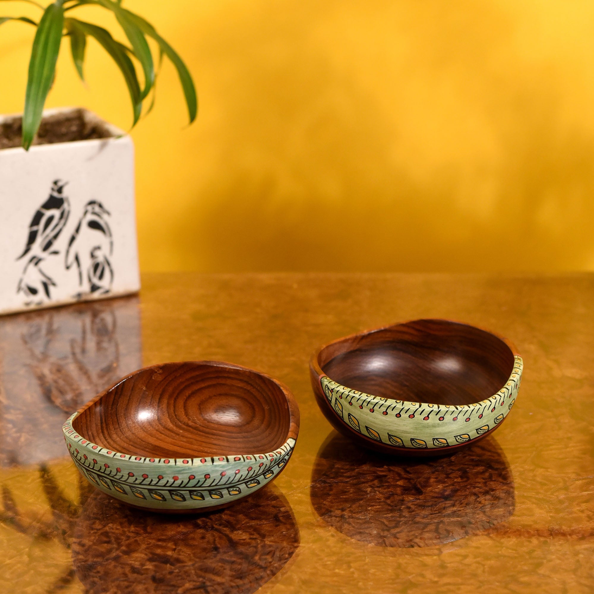 ART CREATIONS BY SUMAN SONTHALIA Brown - Bowl Handcrafted in Wood with Tribal Art (Set of 2) (2x4.5") - view 2
