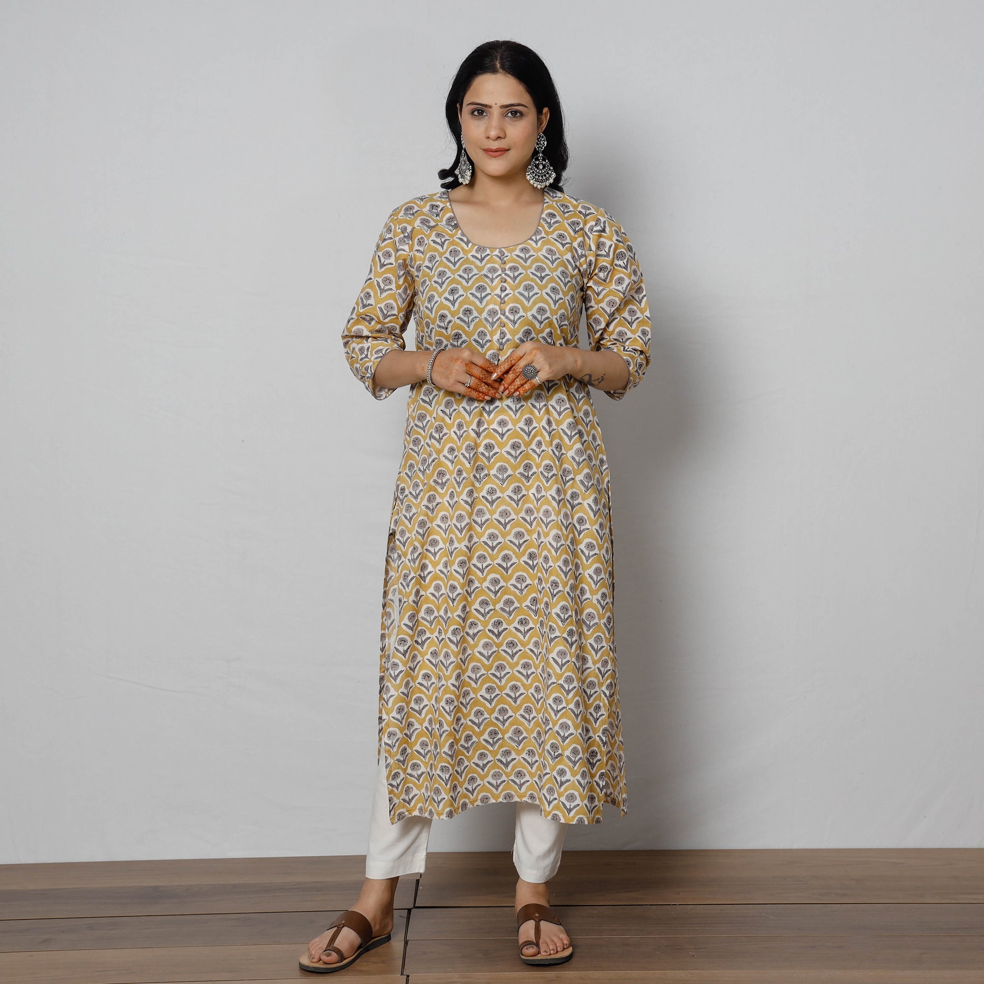 ITOKRI CASUALS Beige - Sanganeri Block Printed Cotton Long Straight Kurta