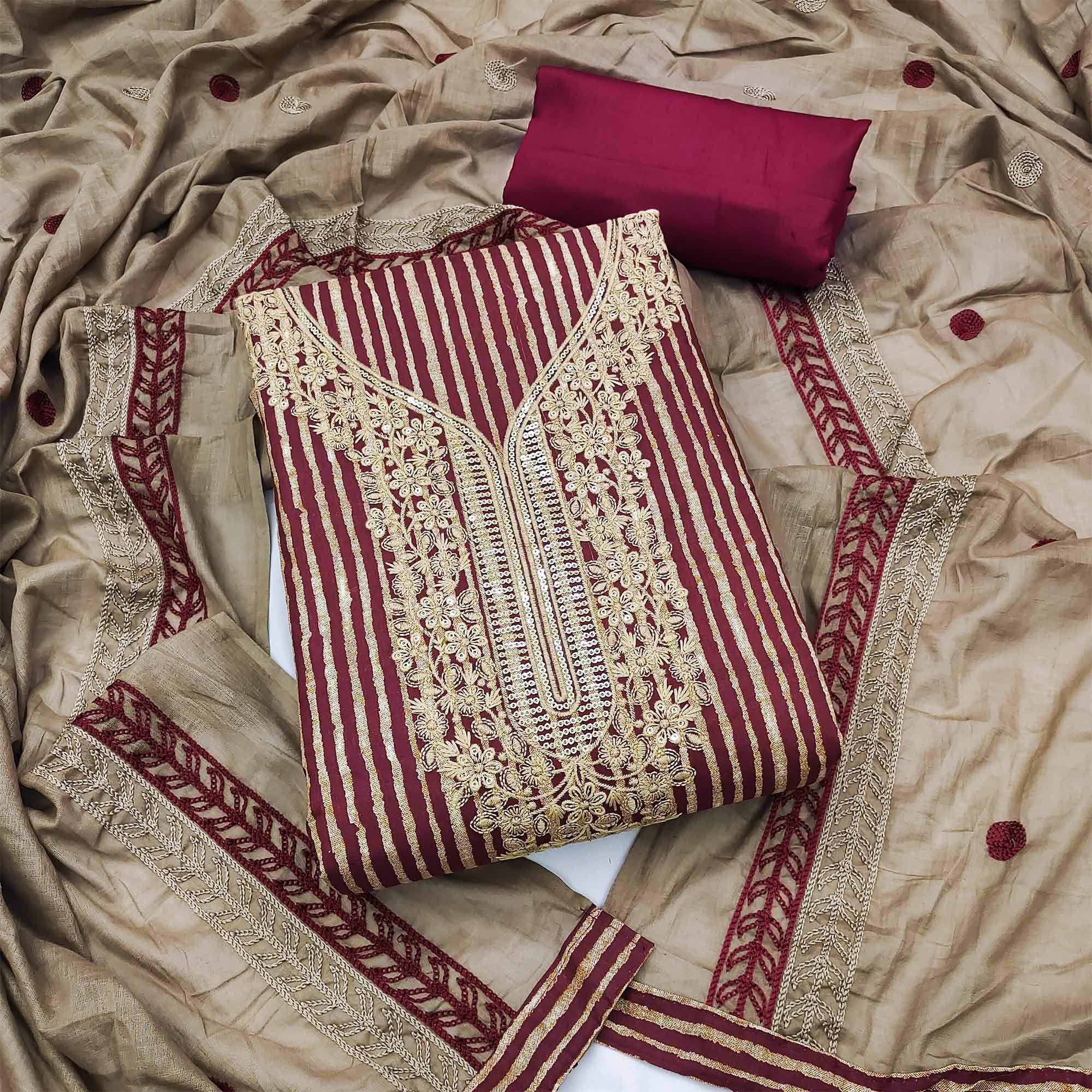 Peachmode Maroon Printed With Sequins Embroidered Pure Cotton Dress Material