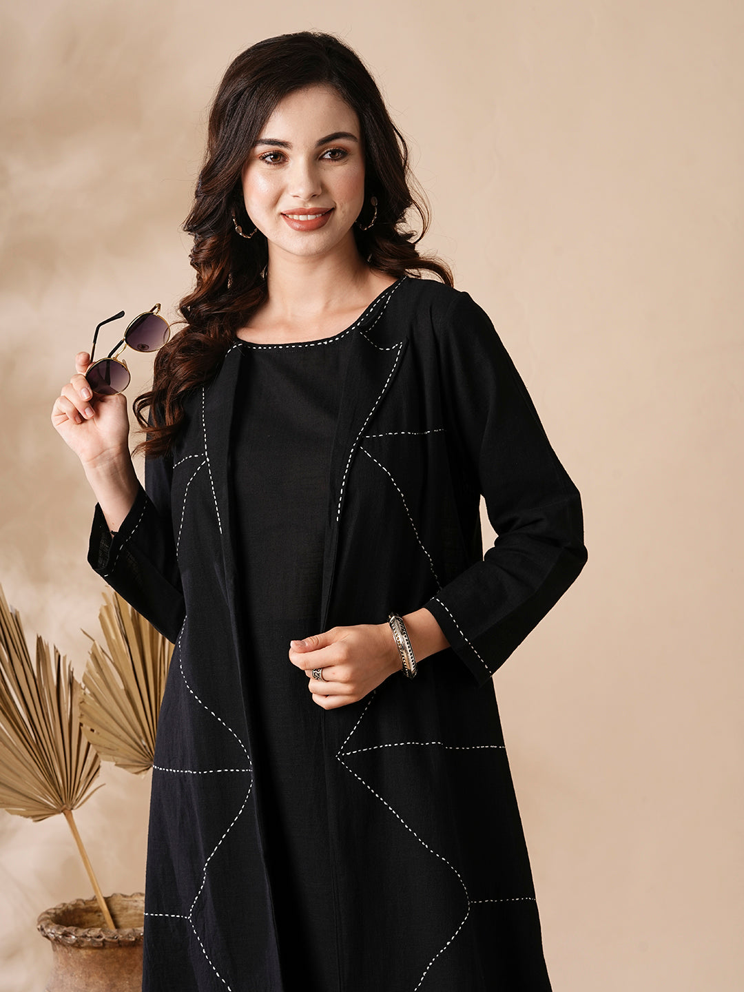 Fashor Solid A-Line Kurta & Palazzo with Kantha Embroidered Open Jacket - Black - view 2