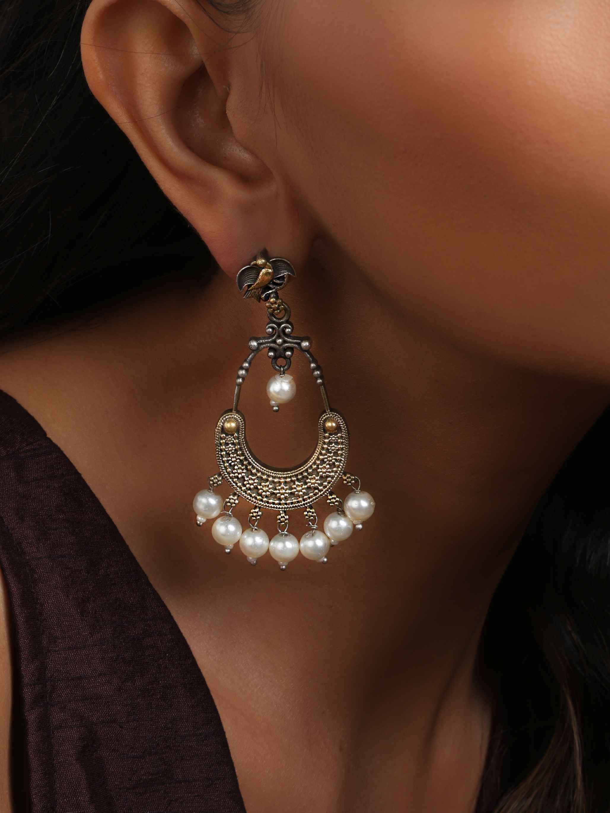 trueBrowns Silver Gold Tone Chandbaali Earrings - view 2
