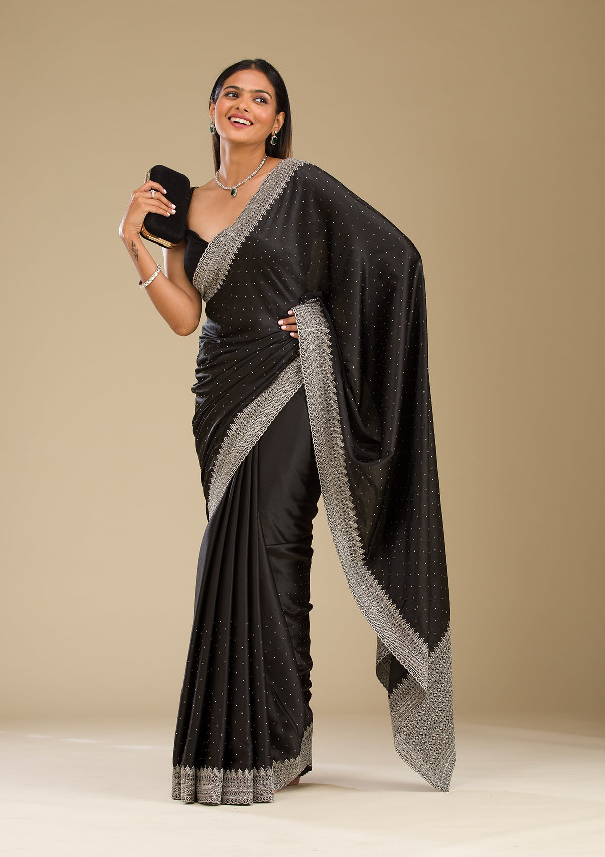 Koskii Black Stonework Satin Saree – Women's