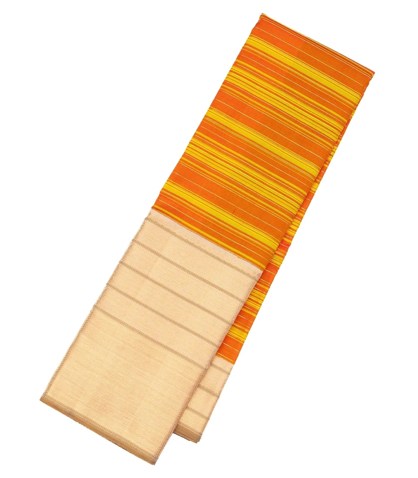 RmKV Orange & Yellow Handloom Kanchipuram Silk Saree Korvai With Stripes