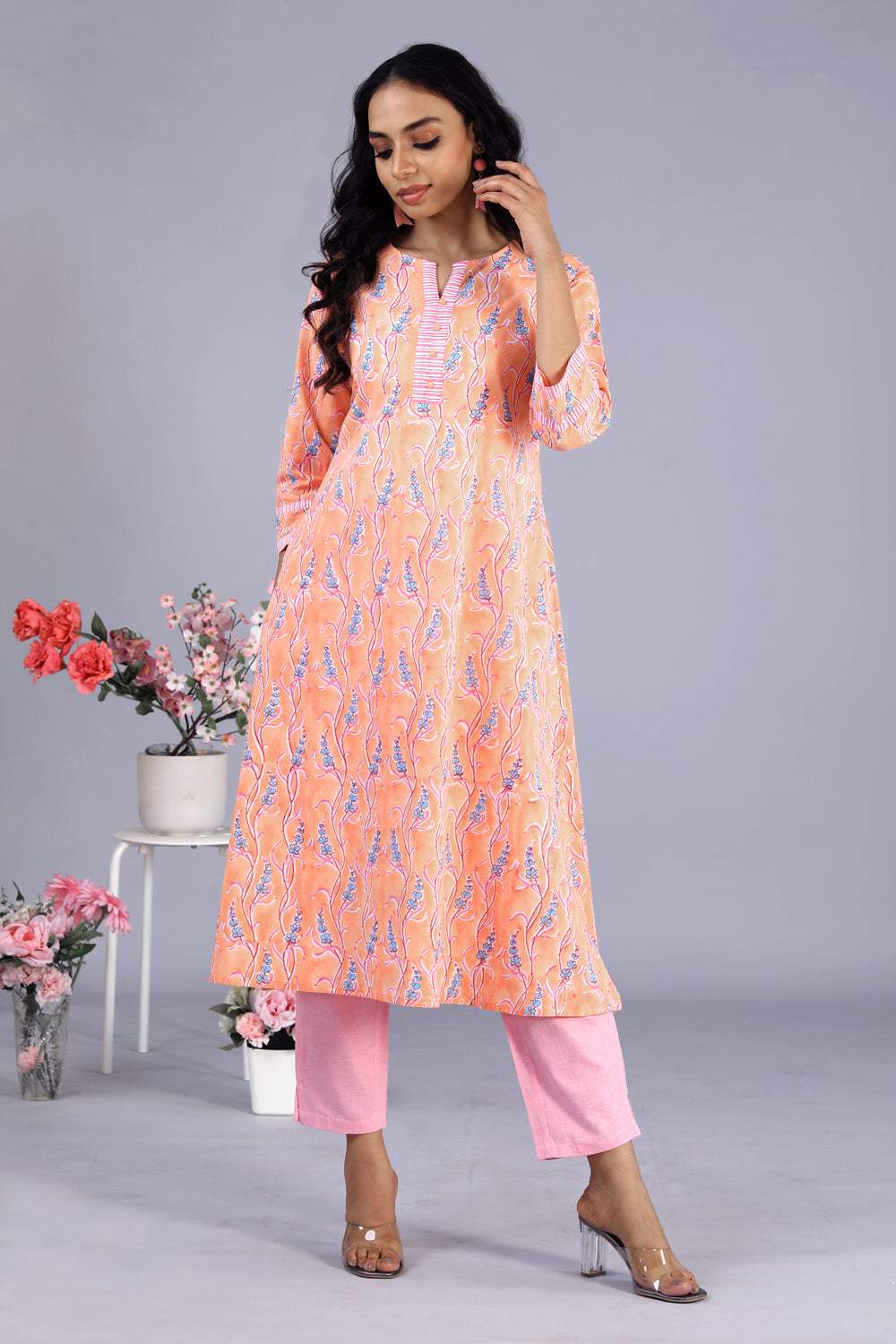 Kalanjali Ethnics Hand block printed kurti – Women's, Peach - view 5