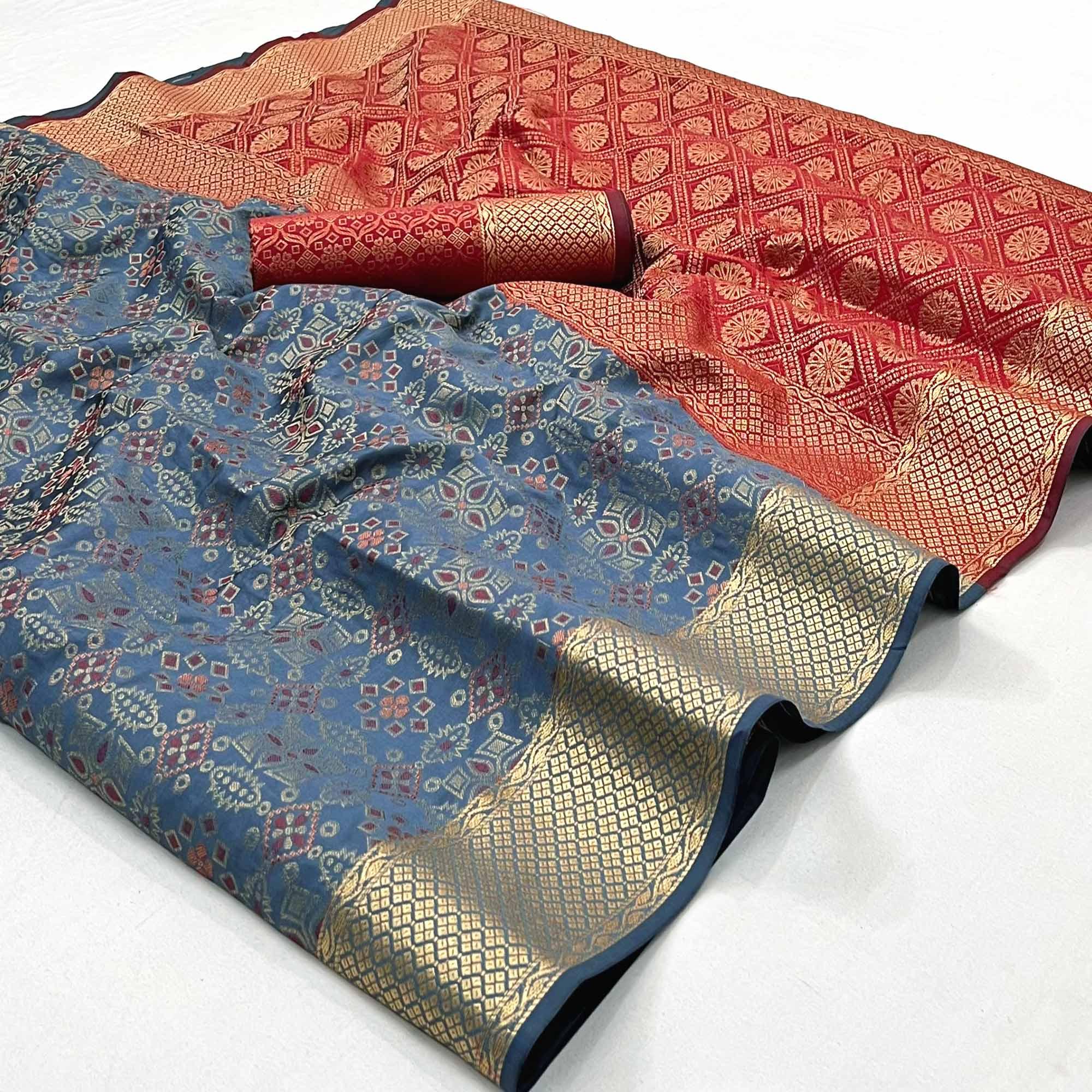 Peachmode Grey Woven Patola Art Silk Saree – Women's
