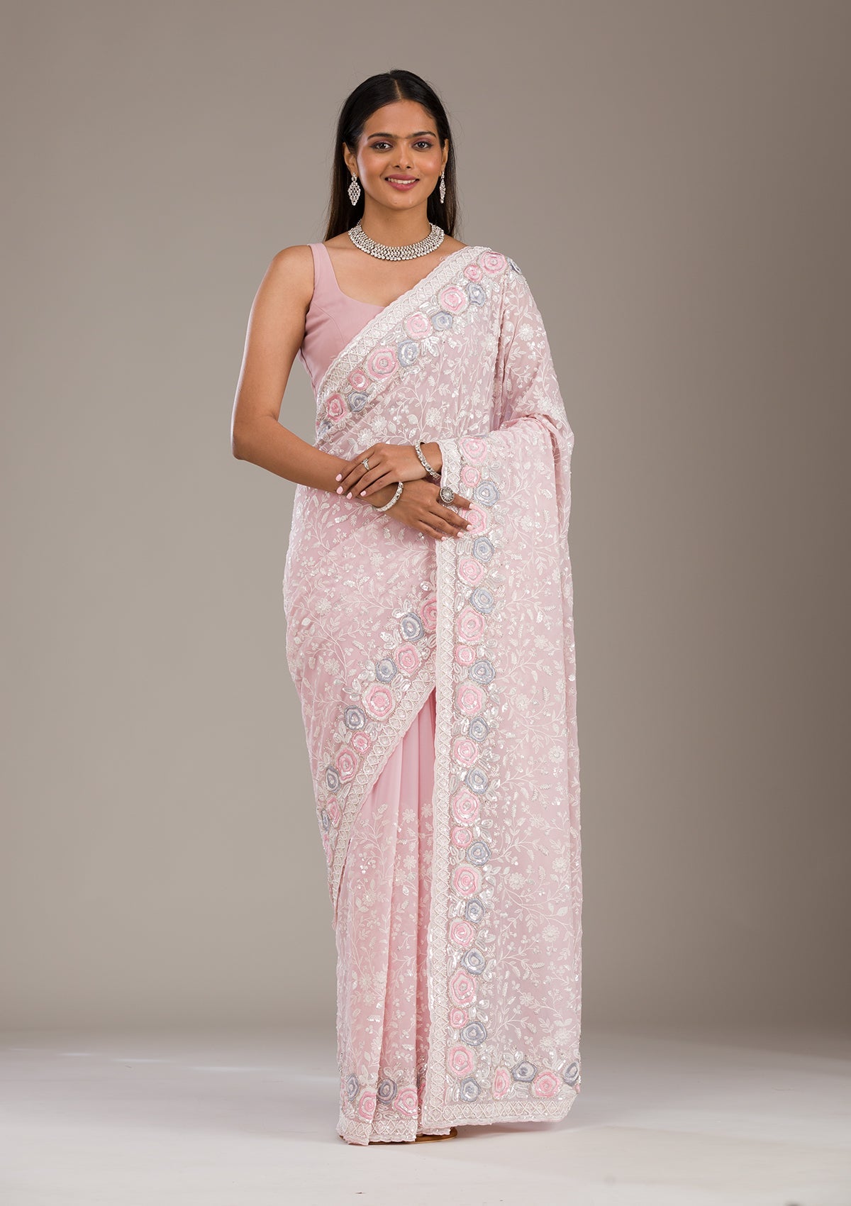 Koskii Baby Pink Threadwork Georgette Saree – Women's