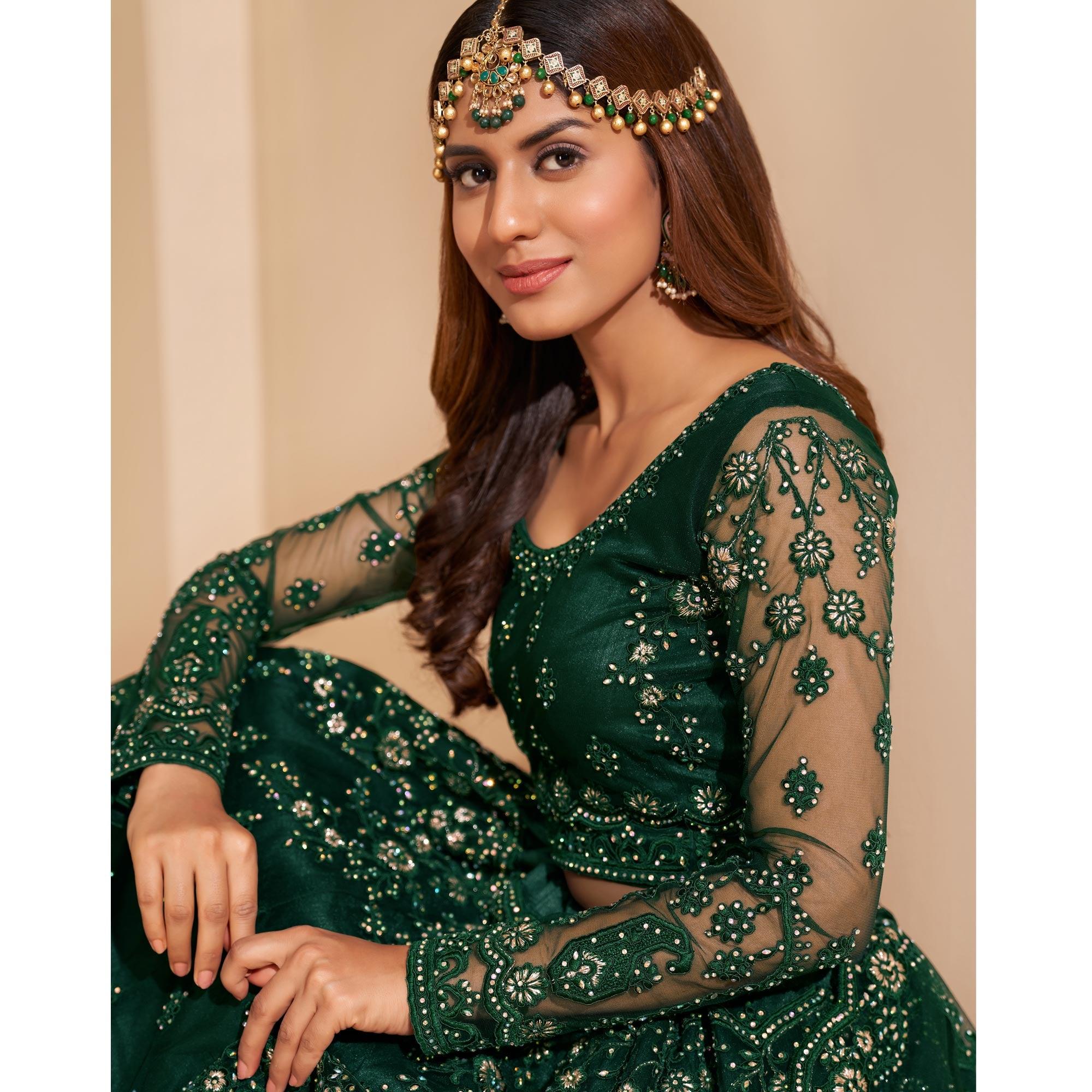 Peachmode Bottle Green Wedding Wear Embroidered With Embellished Net Lehenga Choli - view 3