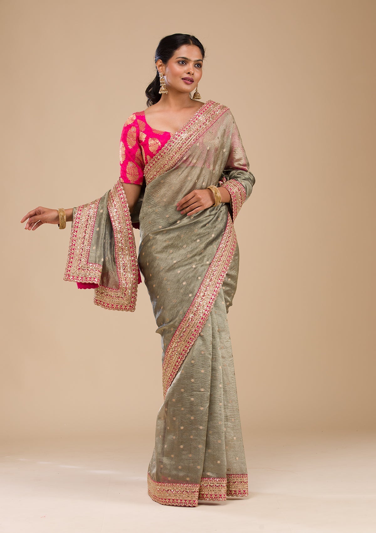 Koskii Mehendi Zariwork Tissue Saree – Women's