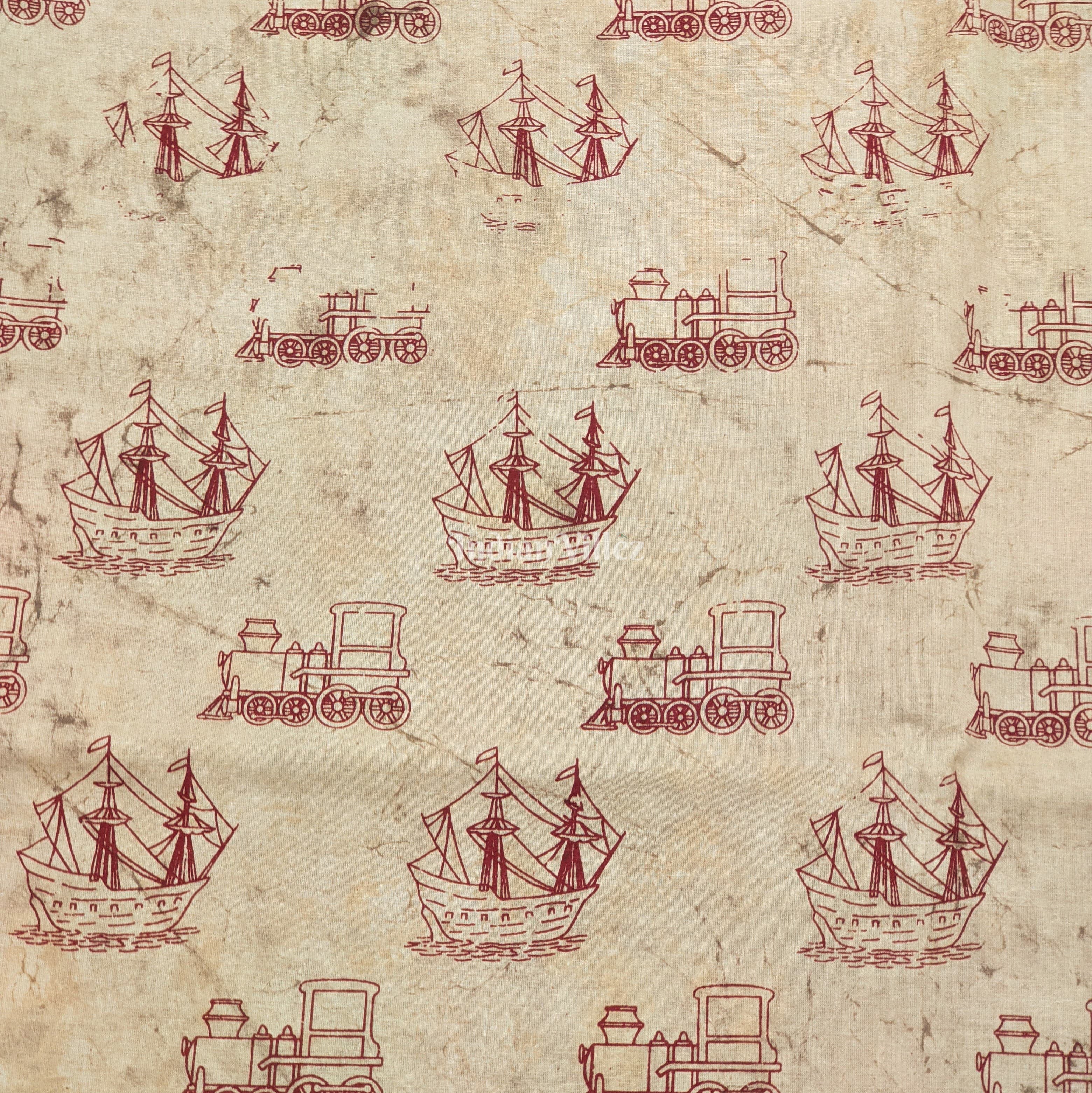 IndianVillèz Cream Hand Block Motifs Printed Cotton Fabric - view 2