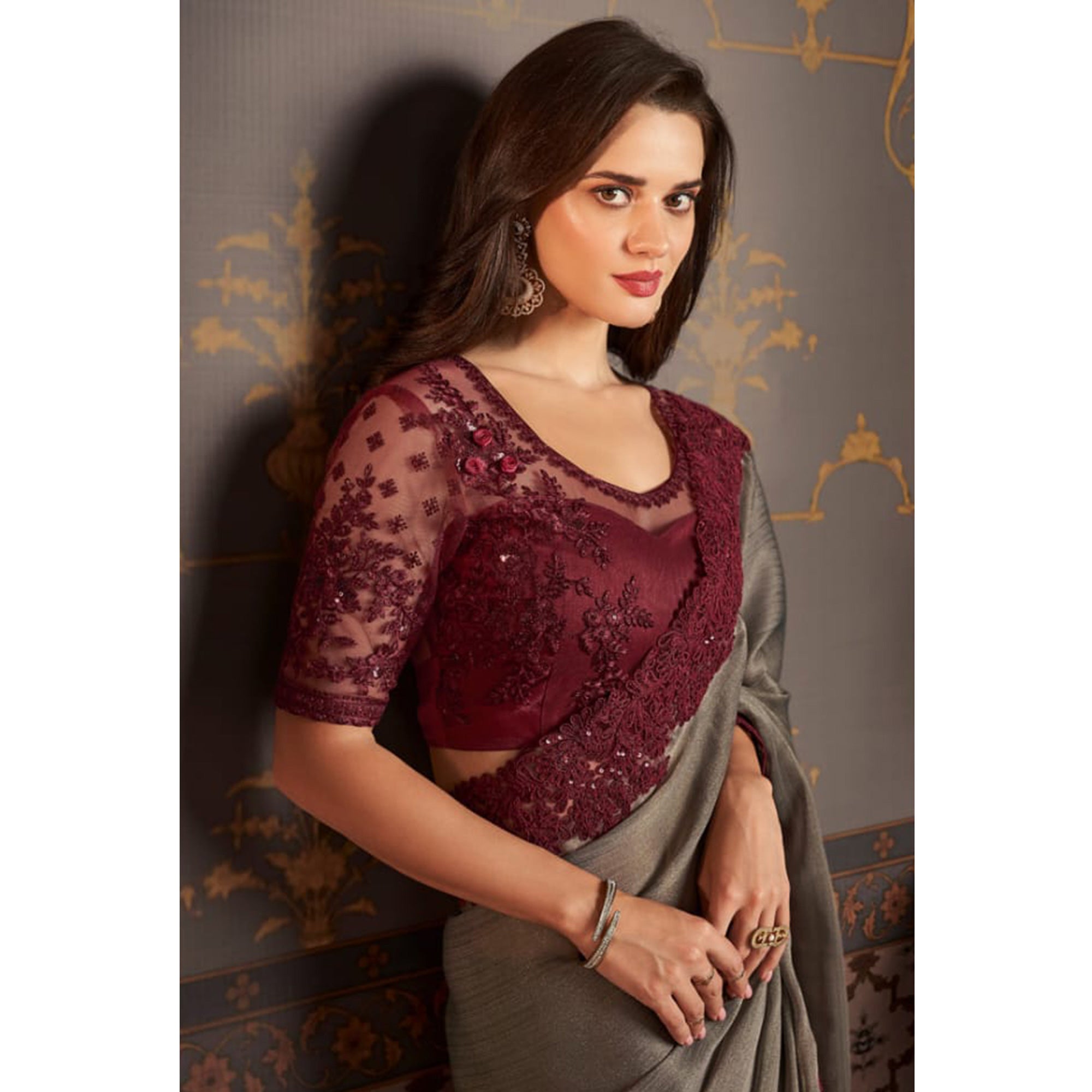 Peachmode Dark Grey Embroidered Satin Saree – Women's - view 4