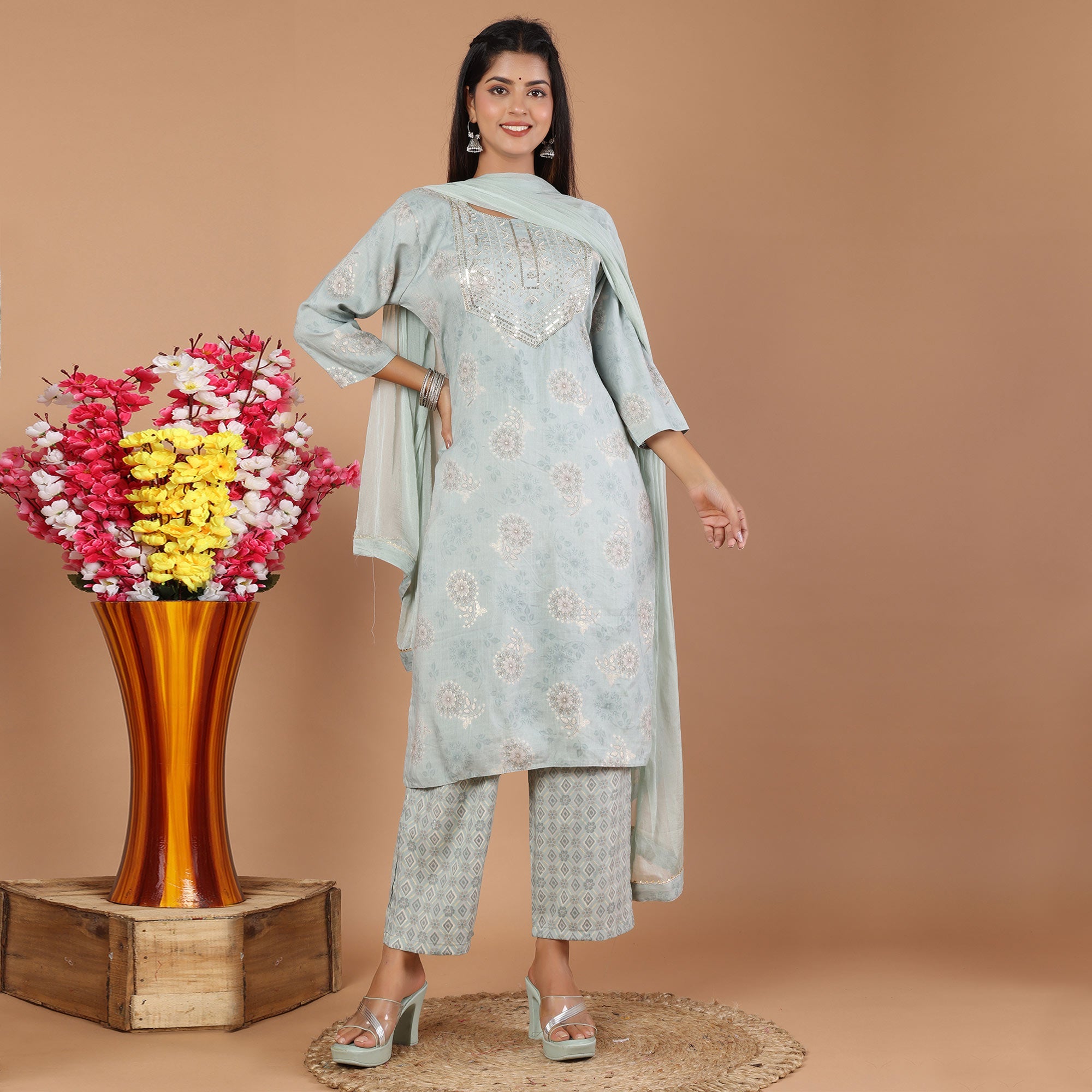 Peachmode Seller Grey Printed With Embroidered Rayon Salwar Suit - view 2