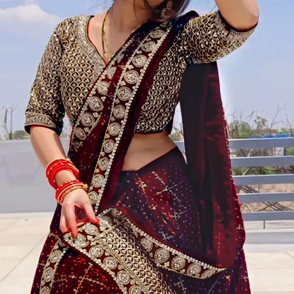 Peachmode Maroon Printed With Embroidered Border Vichitra Silk Saree - view 2