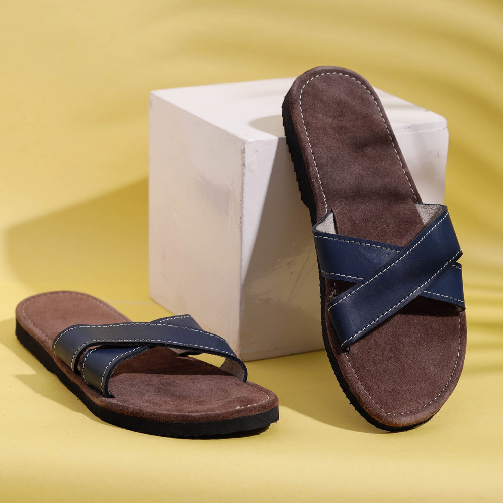 AASAI HANDICRAFT FOOTWEAR AUROVILLE Brown & Blue Handcrafted Women's Leather Slippers with Suede