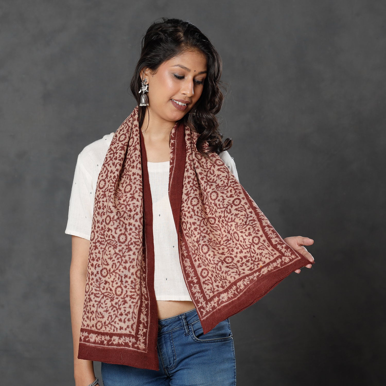 BAGH PRINTS BY MOHAMMED BILAL KHATRI Brown - Bagh Block Printed Natural Dyed Woolen Muffler (61 in) - view 2