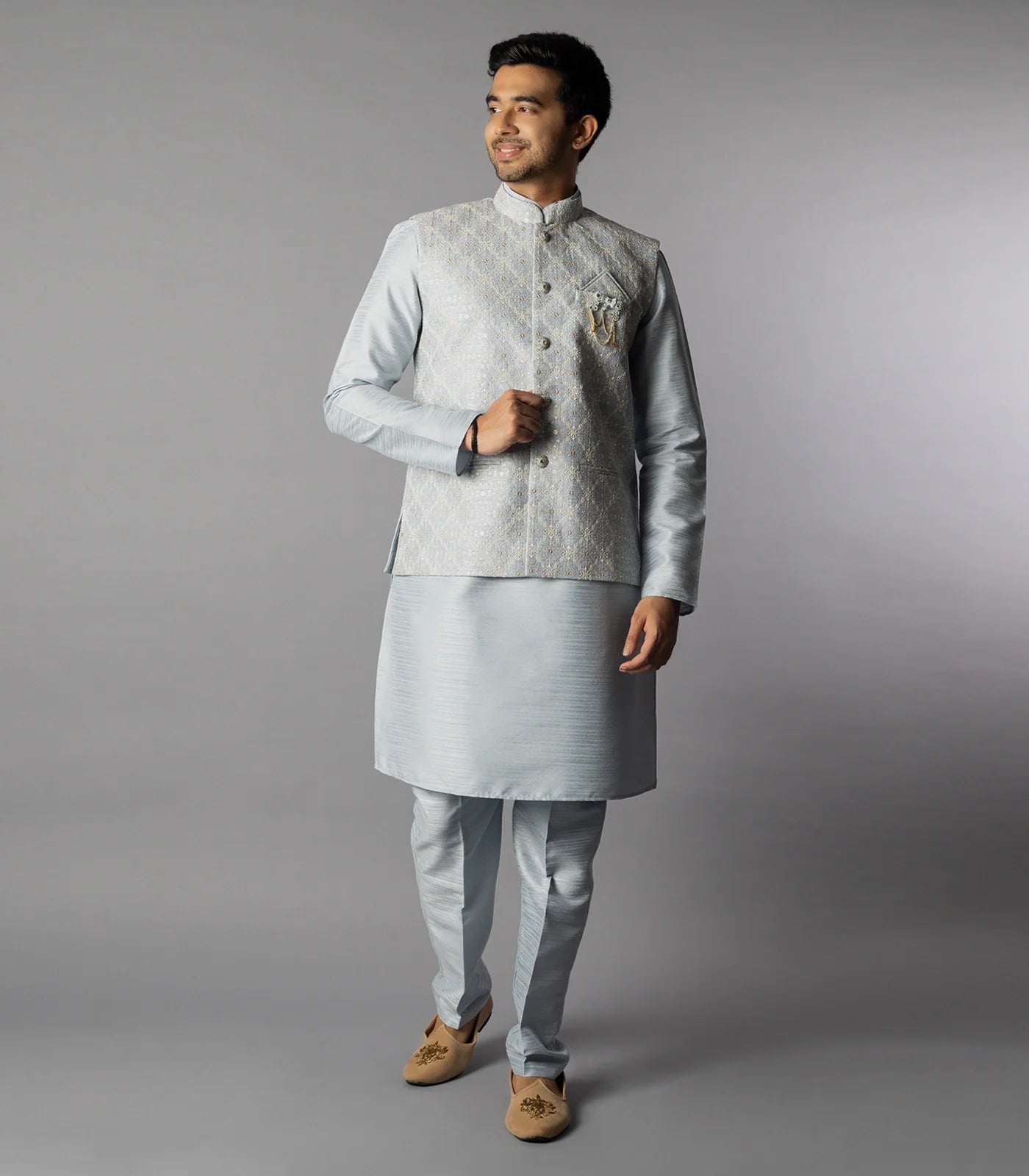 RmKV Glacier Grey Kurta Set With Straight Fit Pants And Nehru Jacket-Grey