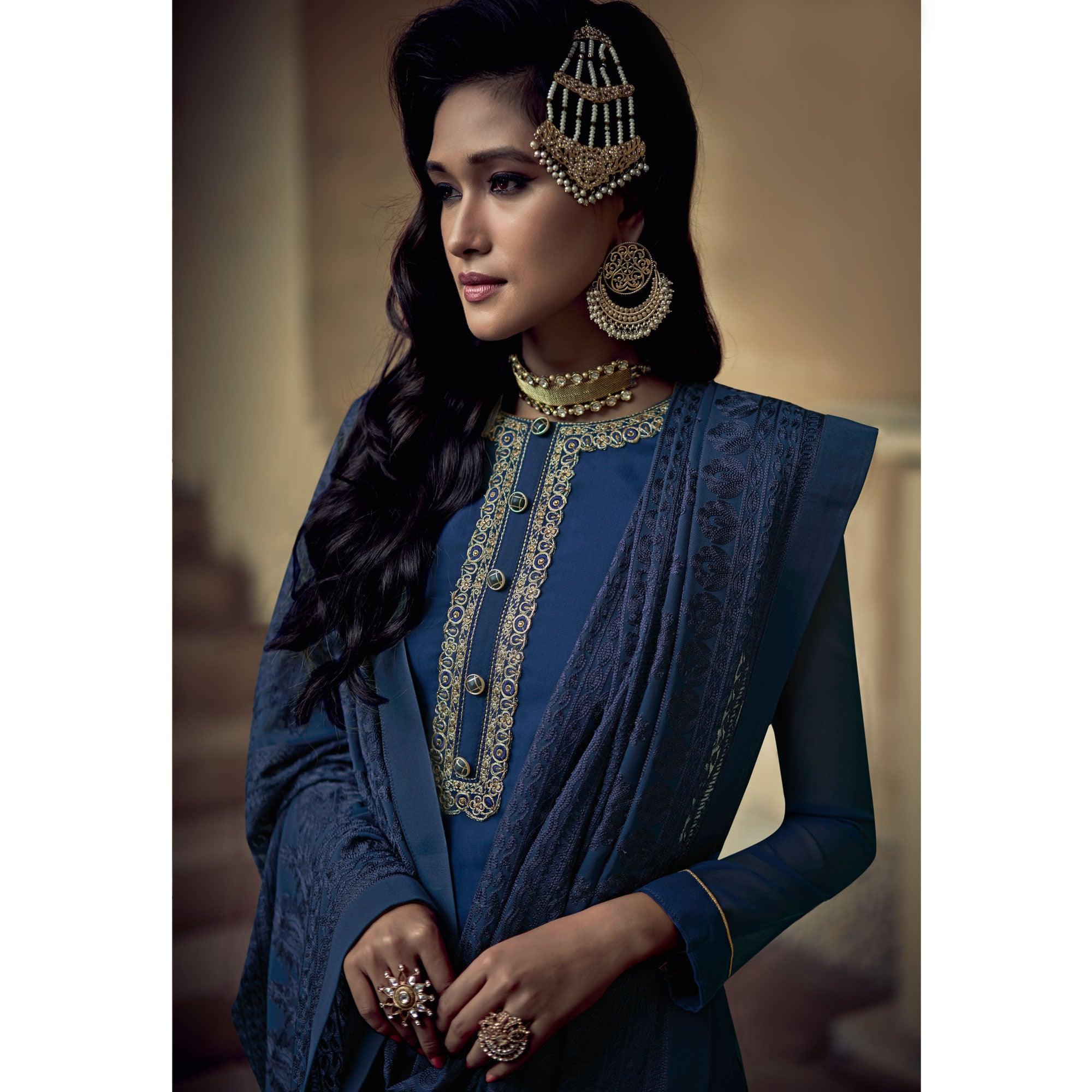 Peachmode Seller Dark Blue Partywear Embroidered Heavy Georgette Sharara Suit - view 2