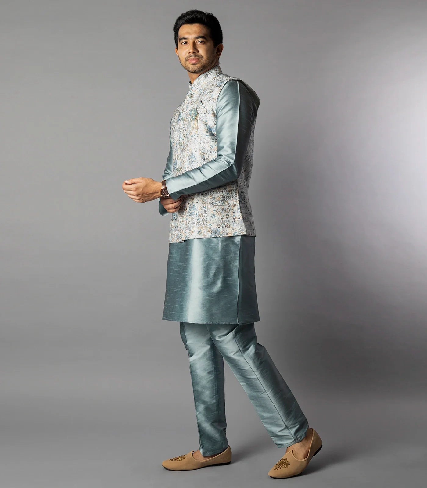 RmKV Light Grey Kurta Set With Straight Fit Pants And Nehru Jacket-Grey - view 2